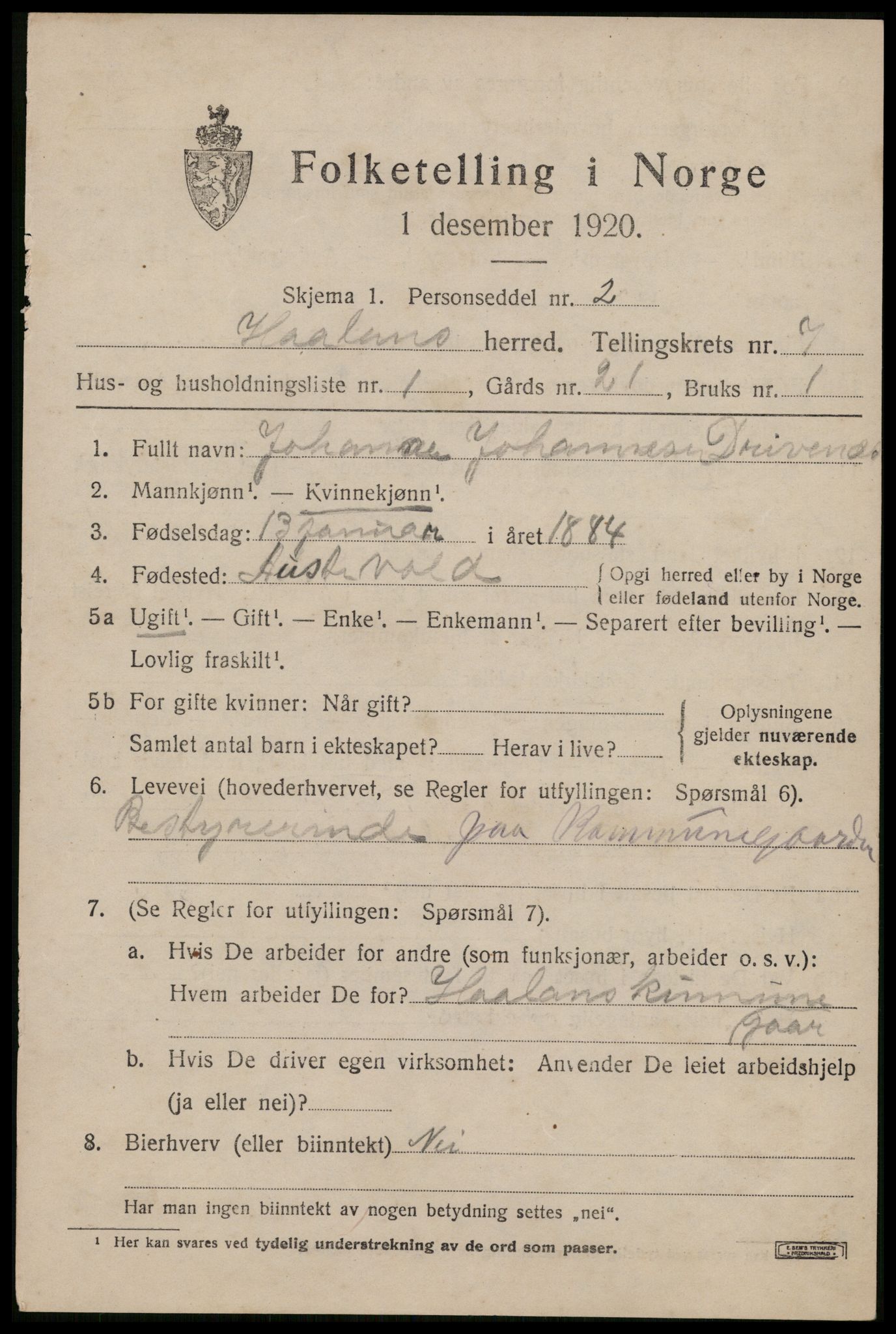 SAST, 1920 census for Håland, 1920, p. 5697