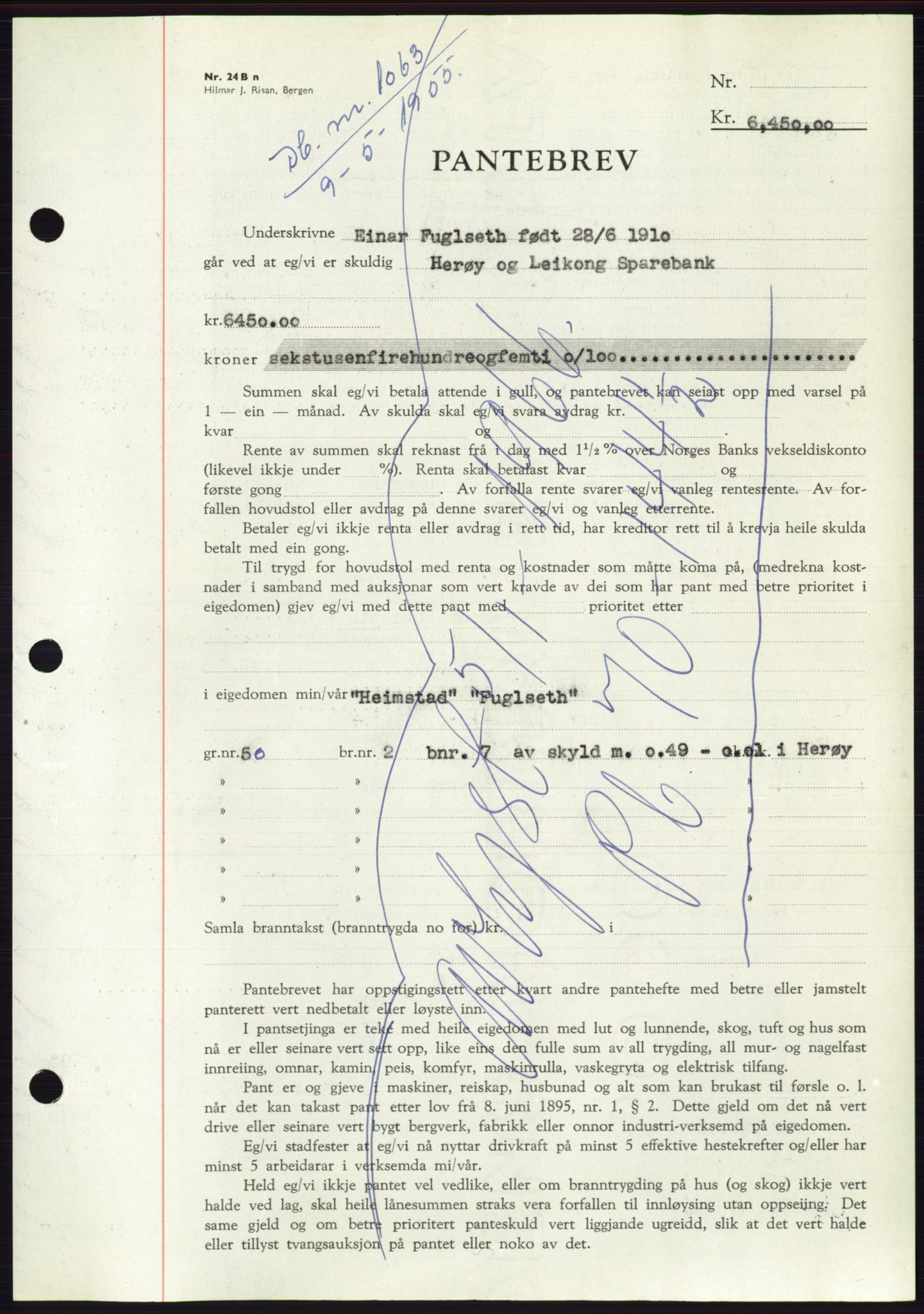 Søre Sunnmøre sorenskriveri, AV/SAT-A-4122/1/2/2C/L0126: Mortgage book no. 14B, 1954-1955, Diary no: : 1063/1955