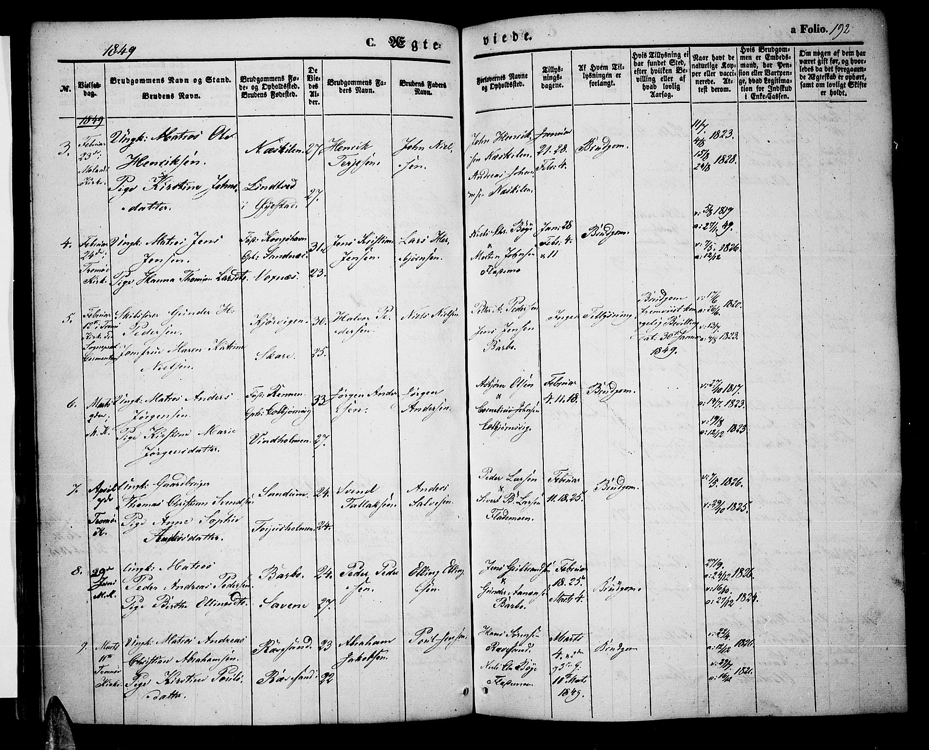 Tromøy sokneprestkontor, SAK/1111-0041/F/Fa/L0005: Parish register (official) no. A 5, 1847-1856, p. 192