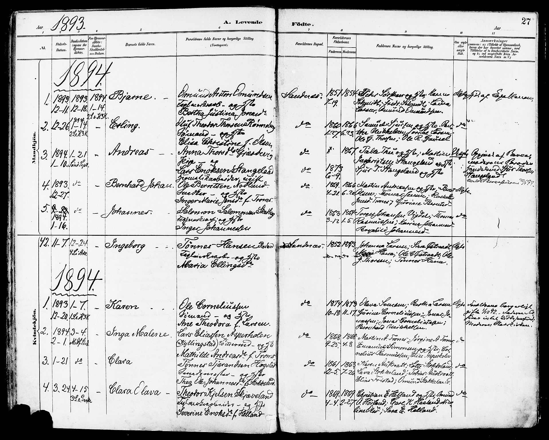 Høyland sokneprestkontor, SAST/A-101799/001/30BA/L0014: Parish register (official) no. A 12, 1890-1898, p. 27