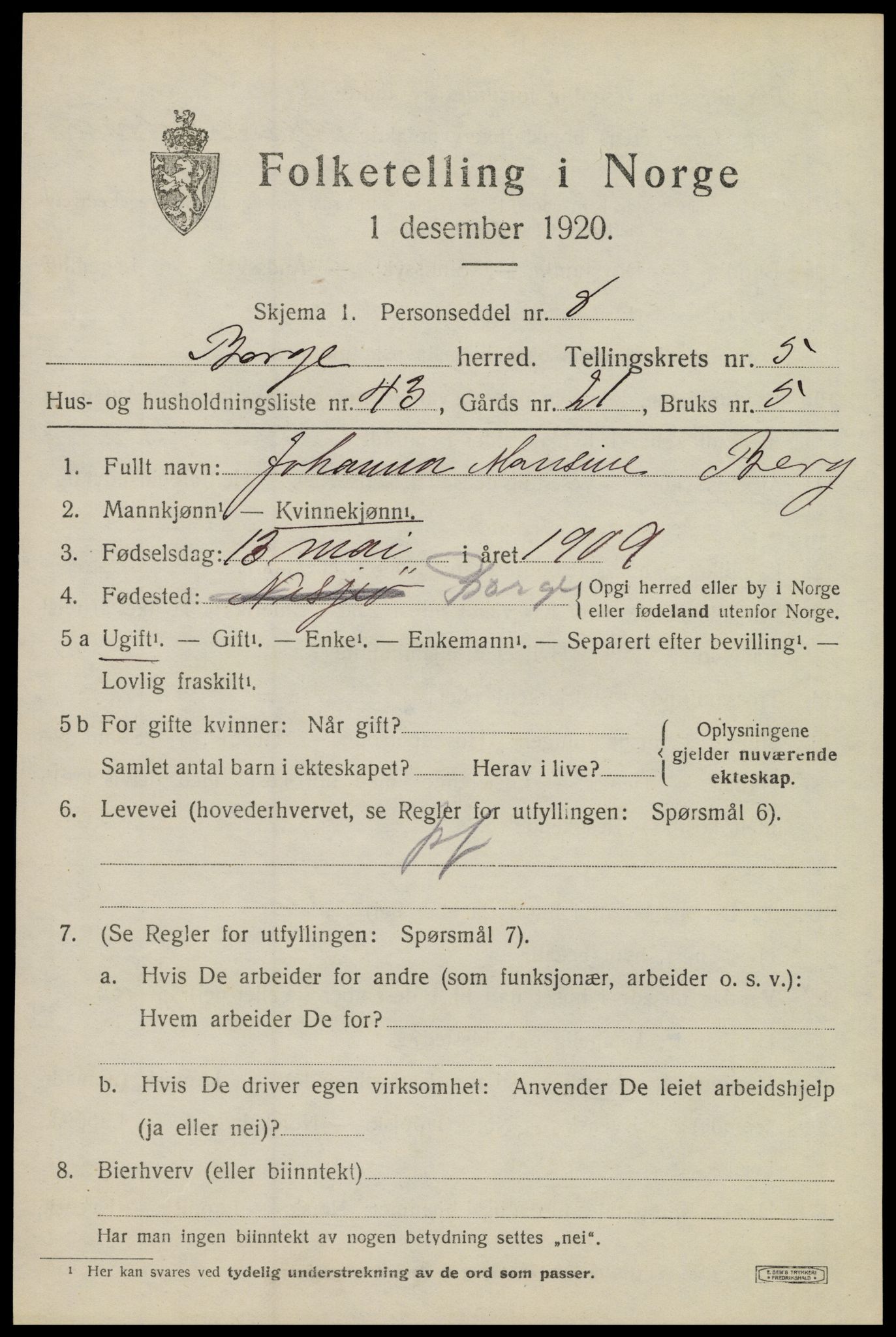 SAT, 1920 census for Borge, 1920, p. 5617