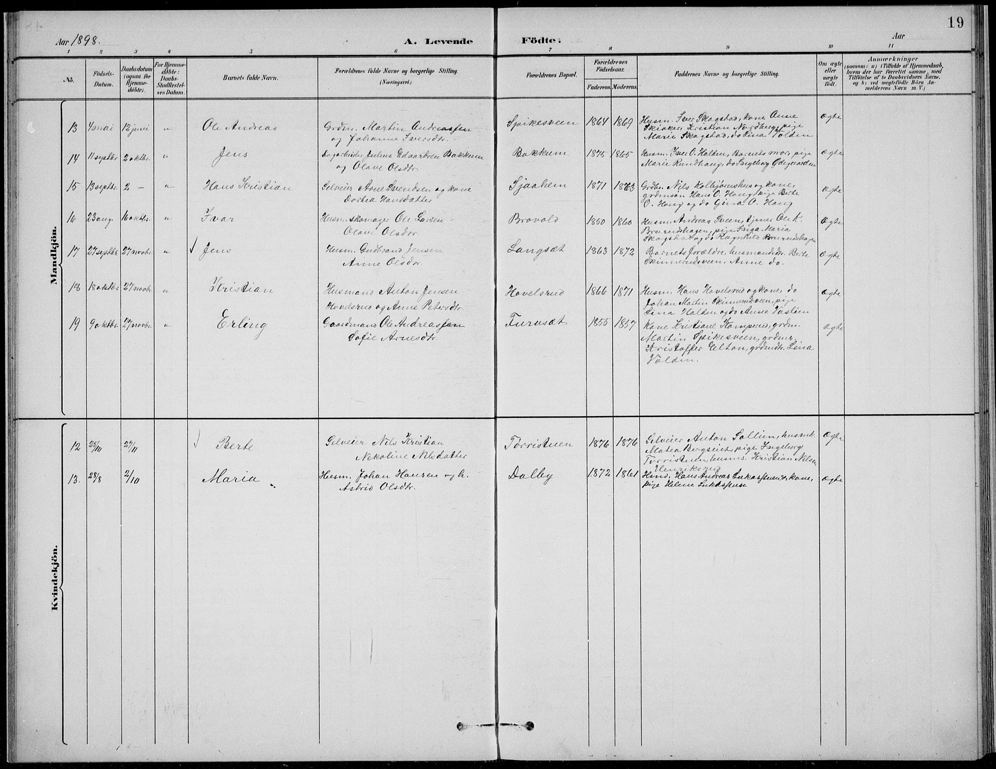 Nordre Land prestekontor, SAH/PREST-124/H/Ha/Hab/L0014: Parish register (copy) no. 14, 1891-1907, p. 19