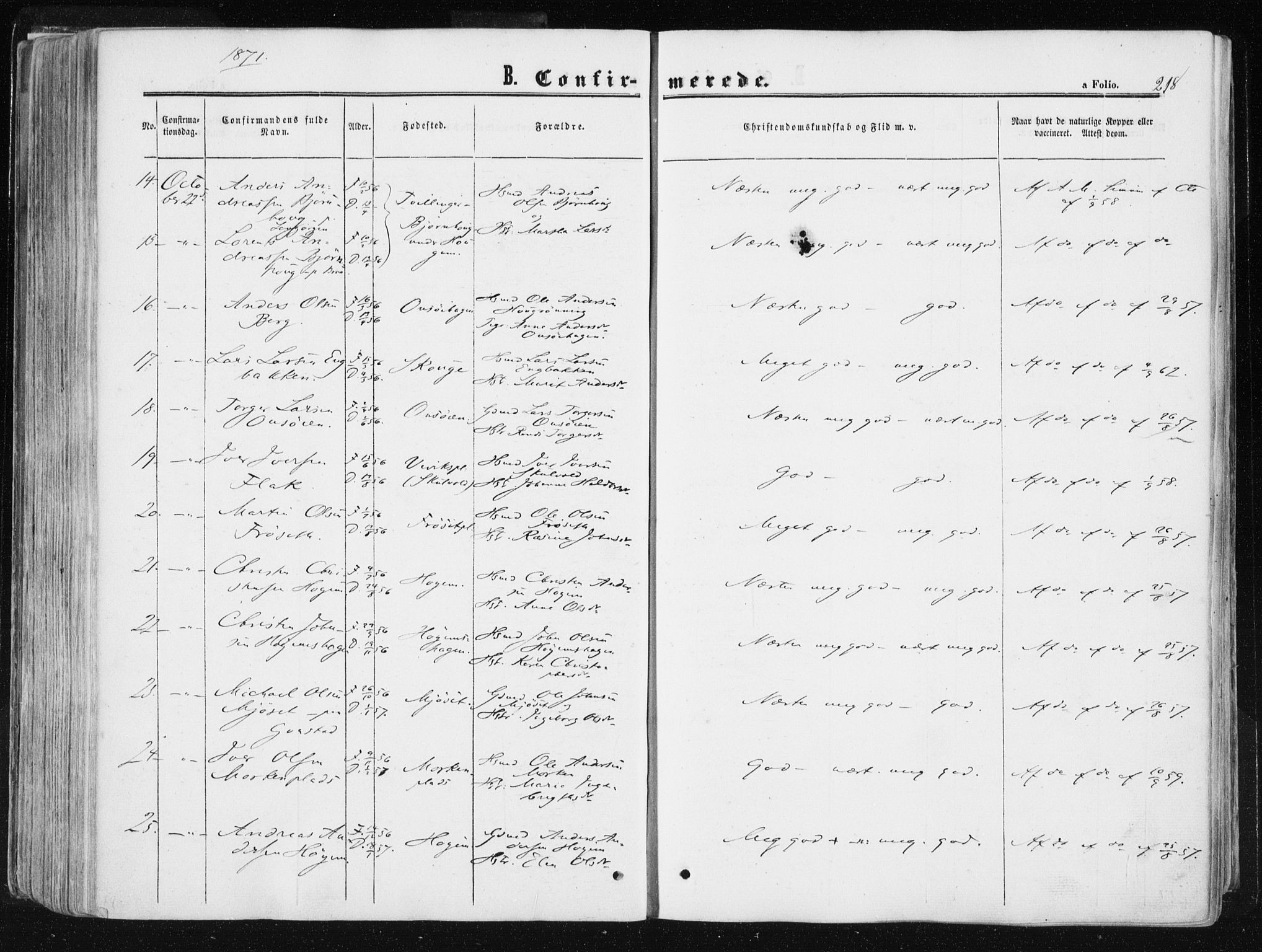 Ministerialprotokoller, klokkerbøker og fødselsregistre - Sør-Trøndelag, SAT/A-1456/612/L0377: Parish register (official) no. 612A09, 1859-1877, p. 218