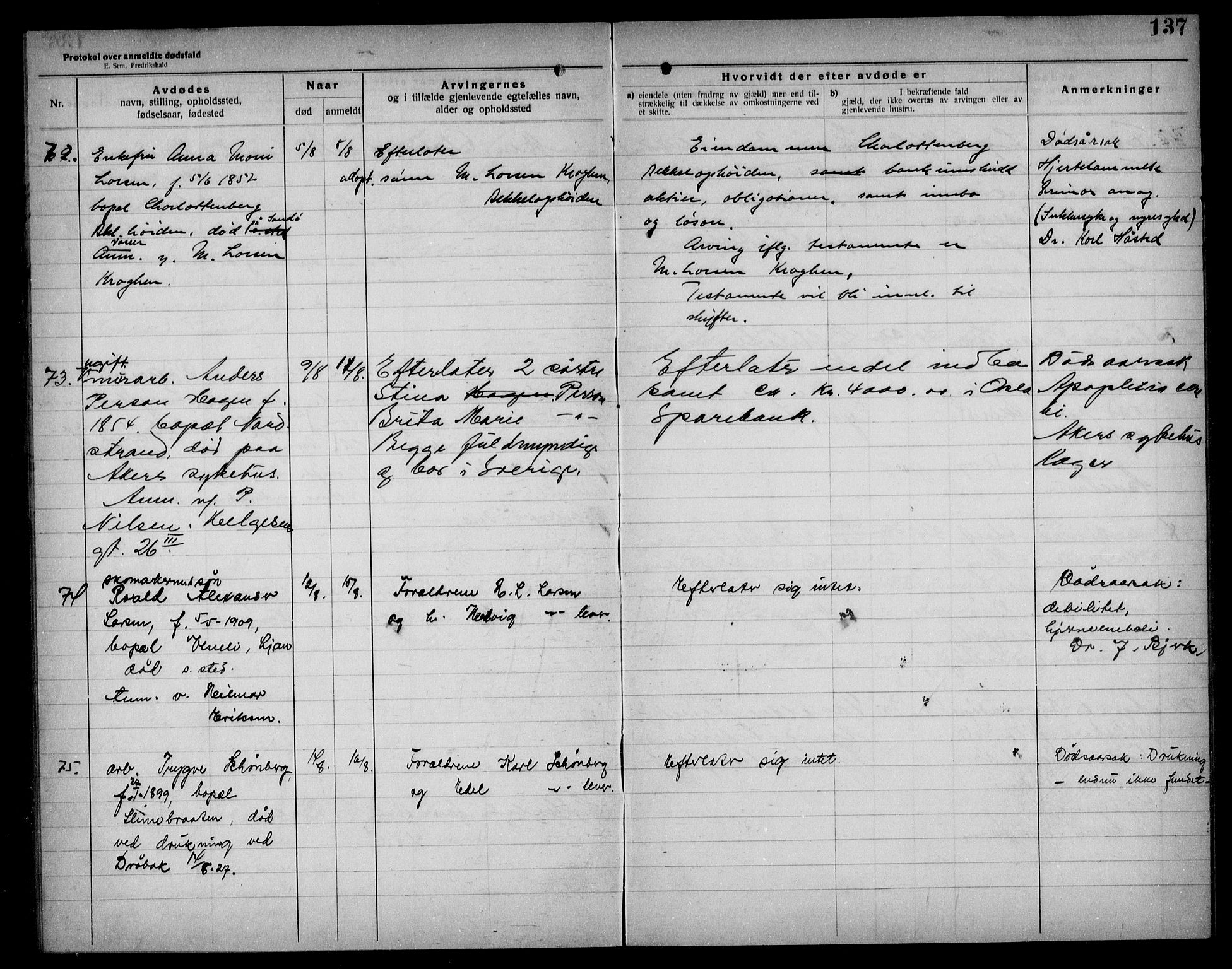 Aker kriminaldommer, skifte- og auksjonsforvalterembete, AV/SAO-A-10452/H/Hb/Hba/Hbad/L0001: Dødsfallsprotokoll for Nordstrand, 1922-1929, p. 137