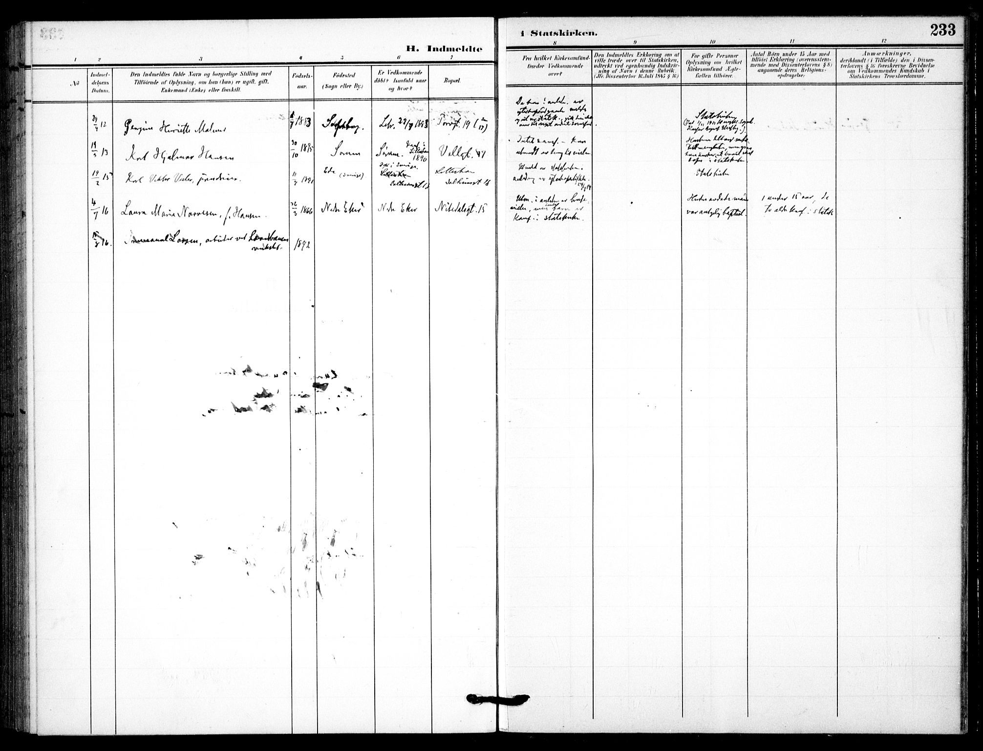 Skedsmo prestekontor Kirkebøker, SAO/A-10033a/F/Fc/L0001: Parish register (official) no. III 1, 1908-1916, p. 233
