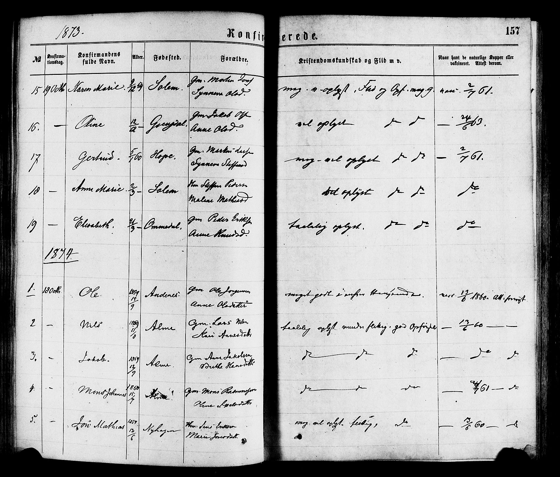 Gloppen sokneprestembete, SAB/A-80101/H/Haa/Haaa/L0010: Parish register (official) no. A 10, 1871-1884, p. 157