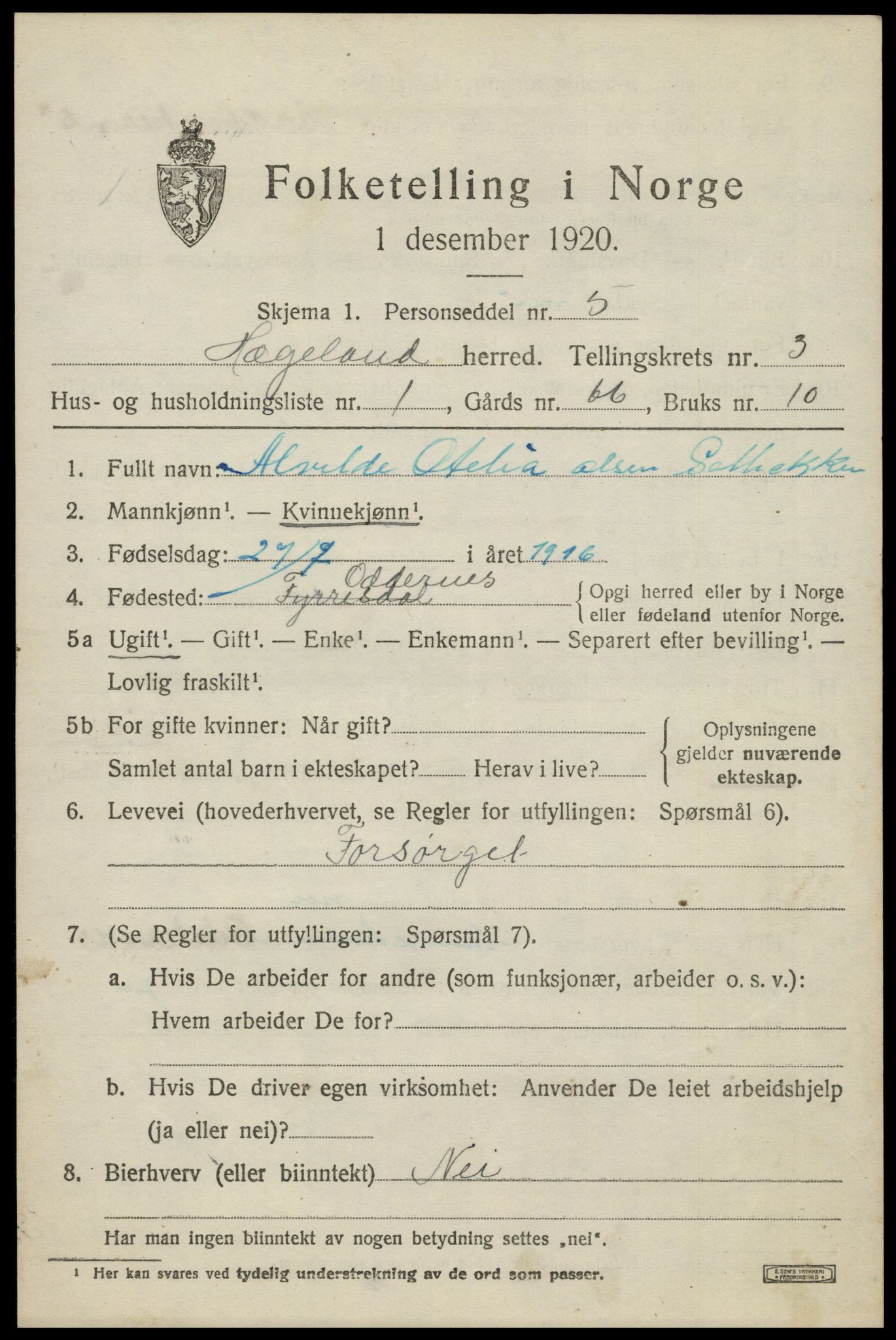 SAK, 1920 census for Hægeland, 1920, p. 945