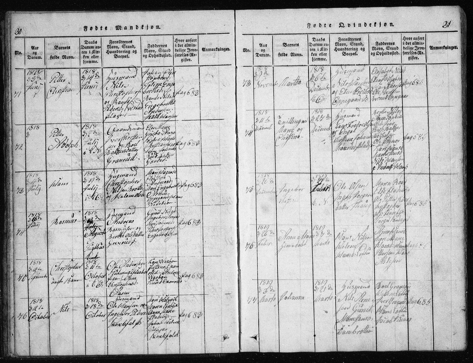 Nesodden prestekontor Kirkebøker, AV/SAO-A-10013/G/Ga/L0001: Parish register (copy) no. I 1, 1814-1847, p. 30-31