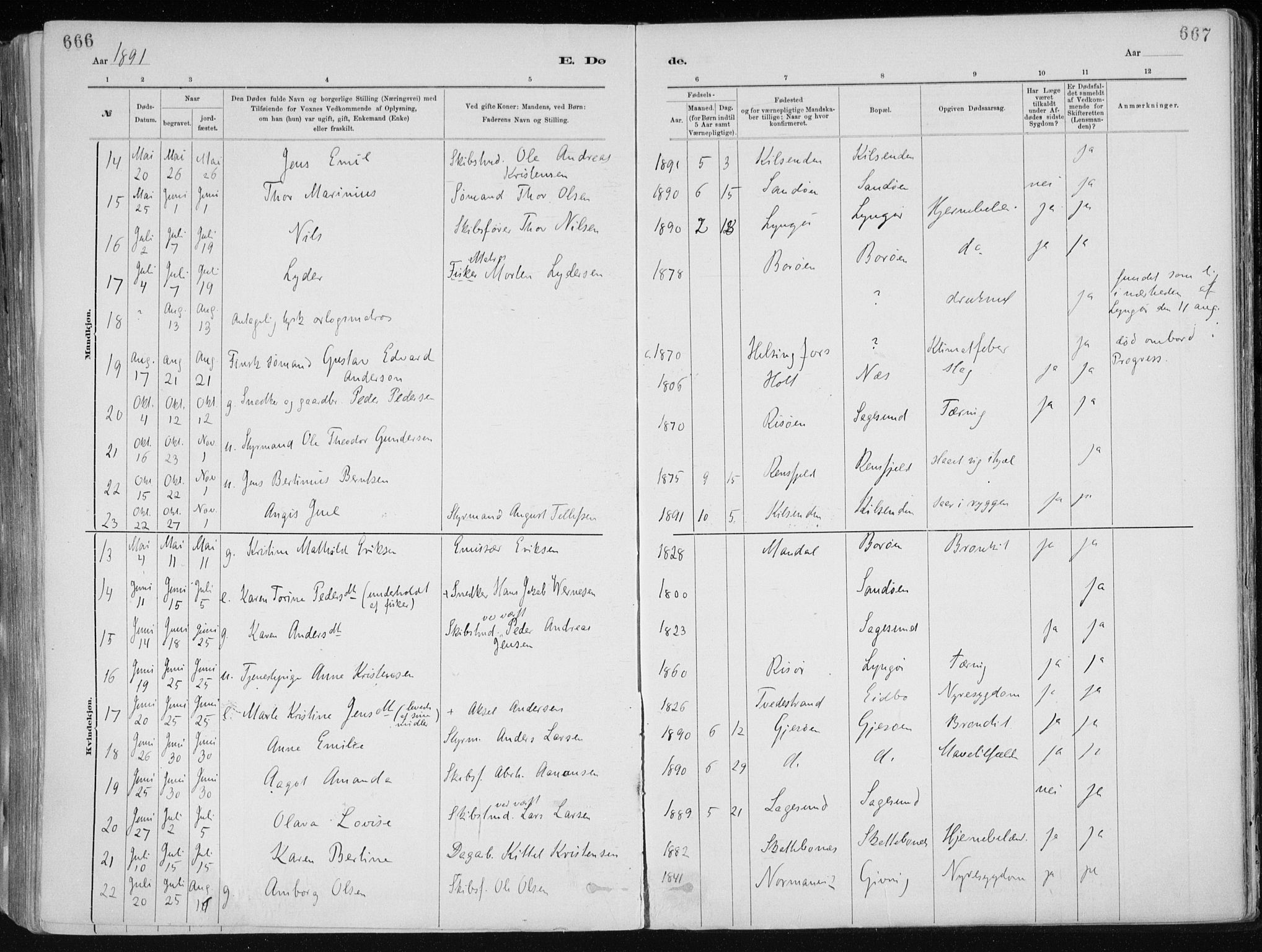 Dypvåg sokneprestkontor, AV/SAK-1111-0007/F/Fa/Faa/L0008: Parish register (official) no. A 8, 1885-1906, p. 666-667