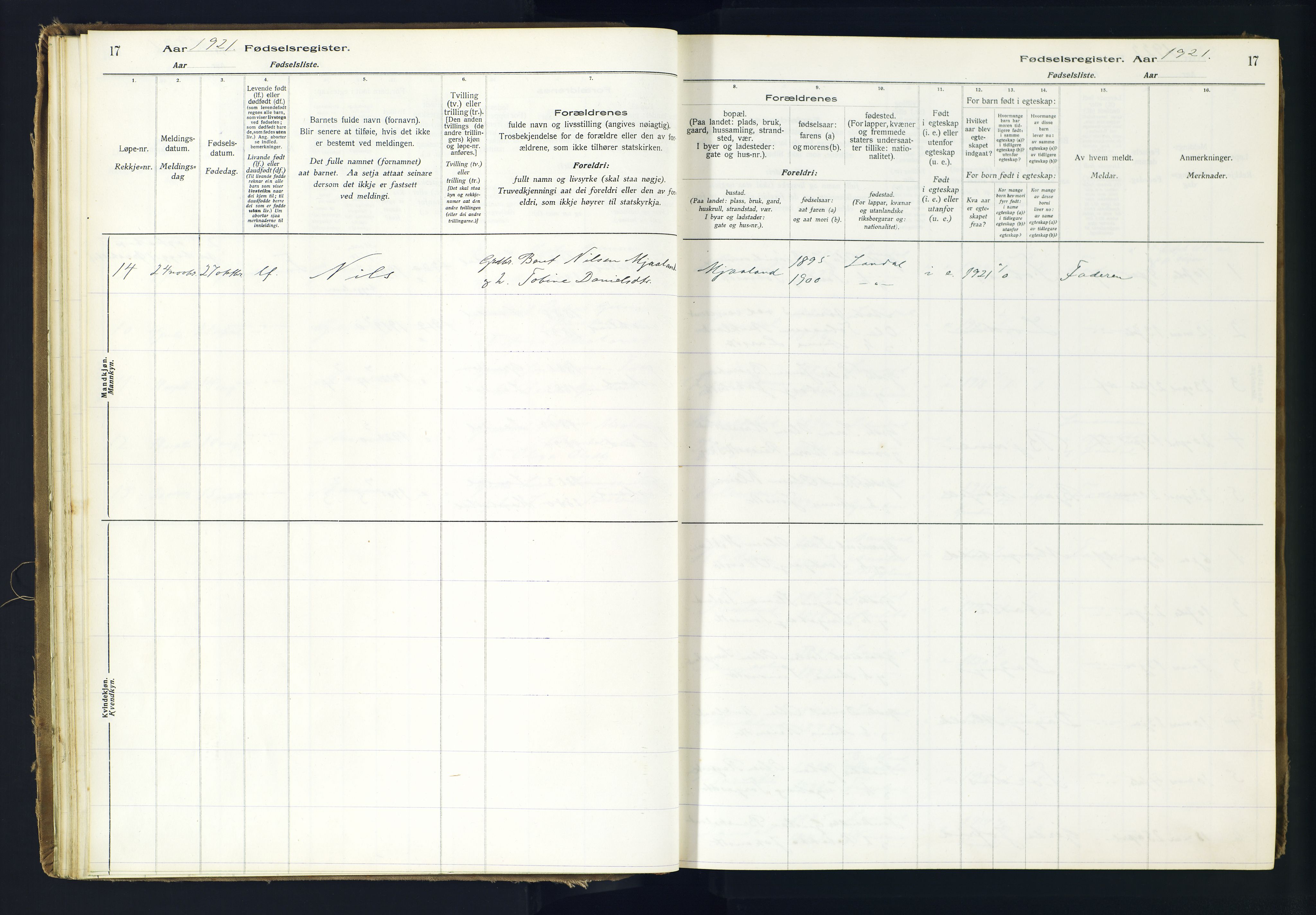 Holum sokneprestkontor, AV/SAK-1111-0022/J/Ja/L0001: Birth register no. II.6.10, 1916-1982, p. 17