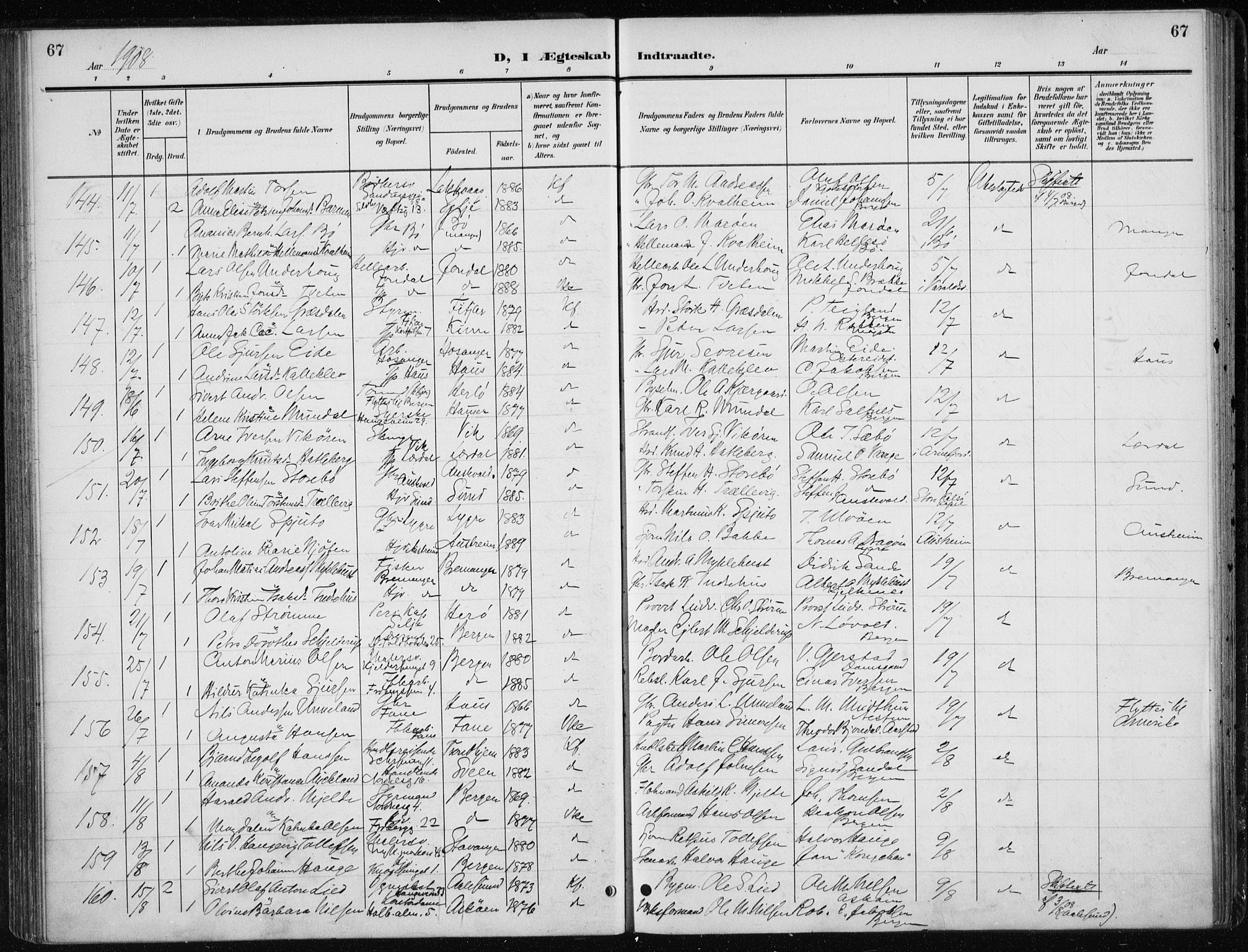Nykirken Sokneprestembete, AV/SAB-A-77101/H/Haa/L0035: Parish register (official) no. D 5, 1905-1913, p. 67