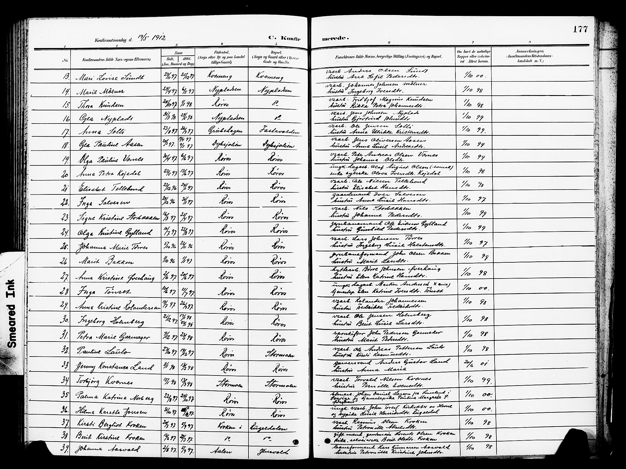 Ministerialprotokoller, klokkerbøker og fødselsregistre - Sør-Trøndelag, SAT/A-1456/681/L0942: Parish register (copy) no. 681C06, 1906-1925, p. 177
