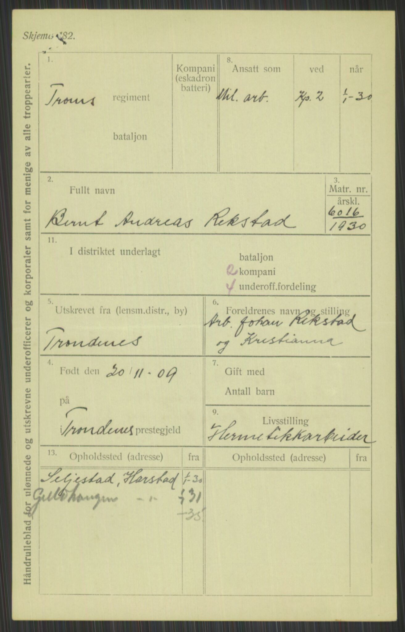 Forsvaret, Troms infanteriregiment nr. 16, AV/RA-RAFA-3146/P/Pa/L0014: Rulleblad for regimentets menige mannskaper, årsklasse 1930, 1930, p. 911