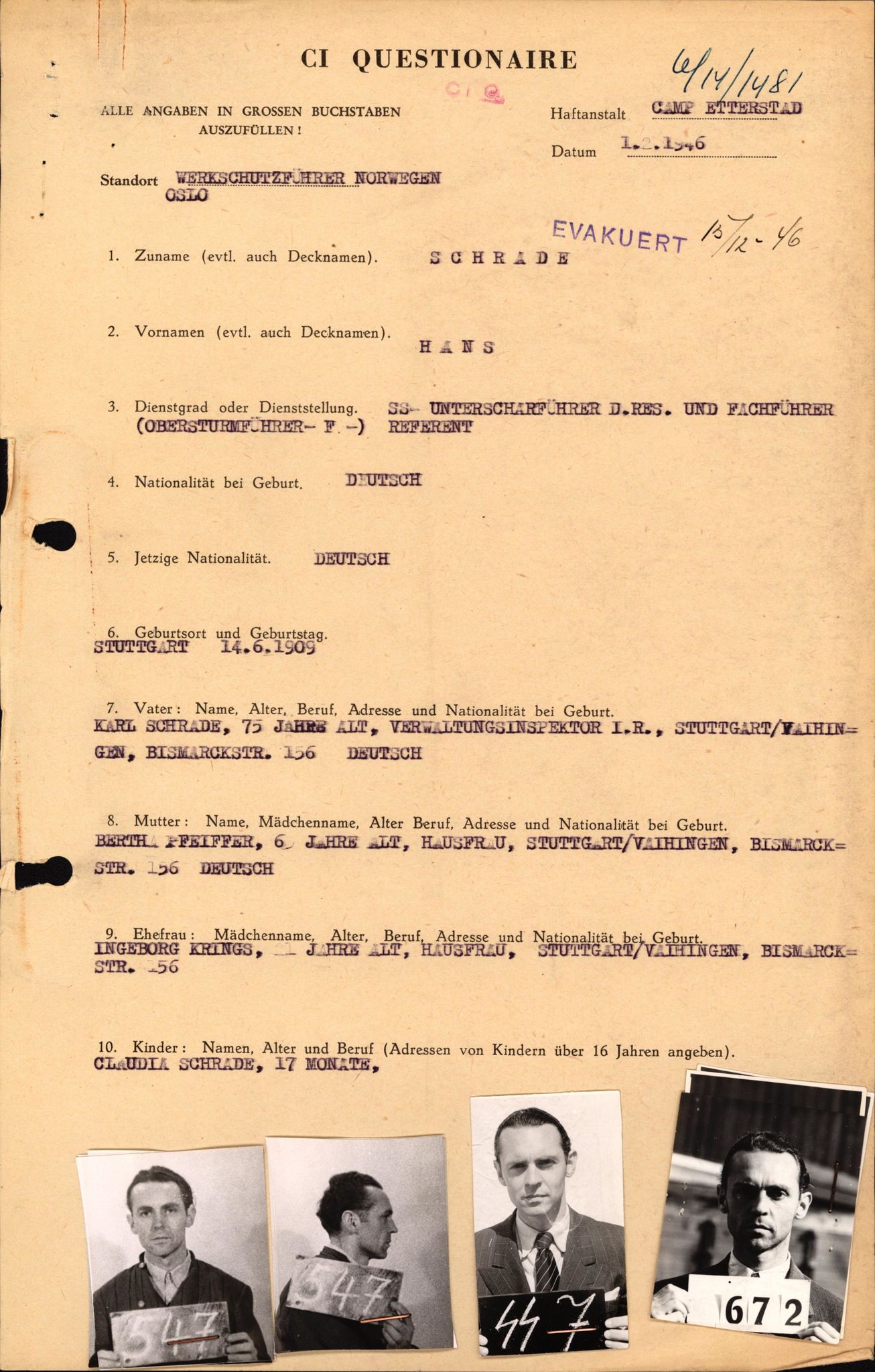 Forsvaret, Forsvarets overkommando II, AV/RA-RAFA-3915/D/Db/L0030: CI Questionaires. Tyske okkupasjonsstyrker i Norge. Tyskere., 1945-1946, p. 190