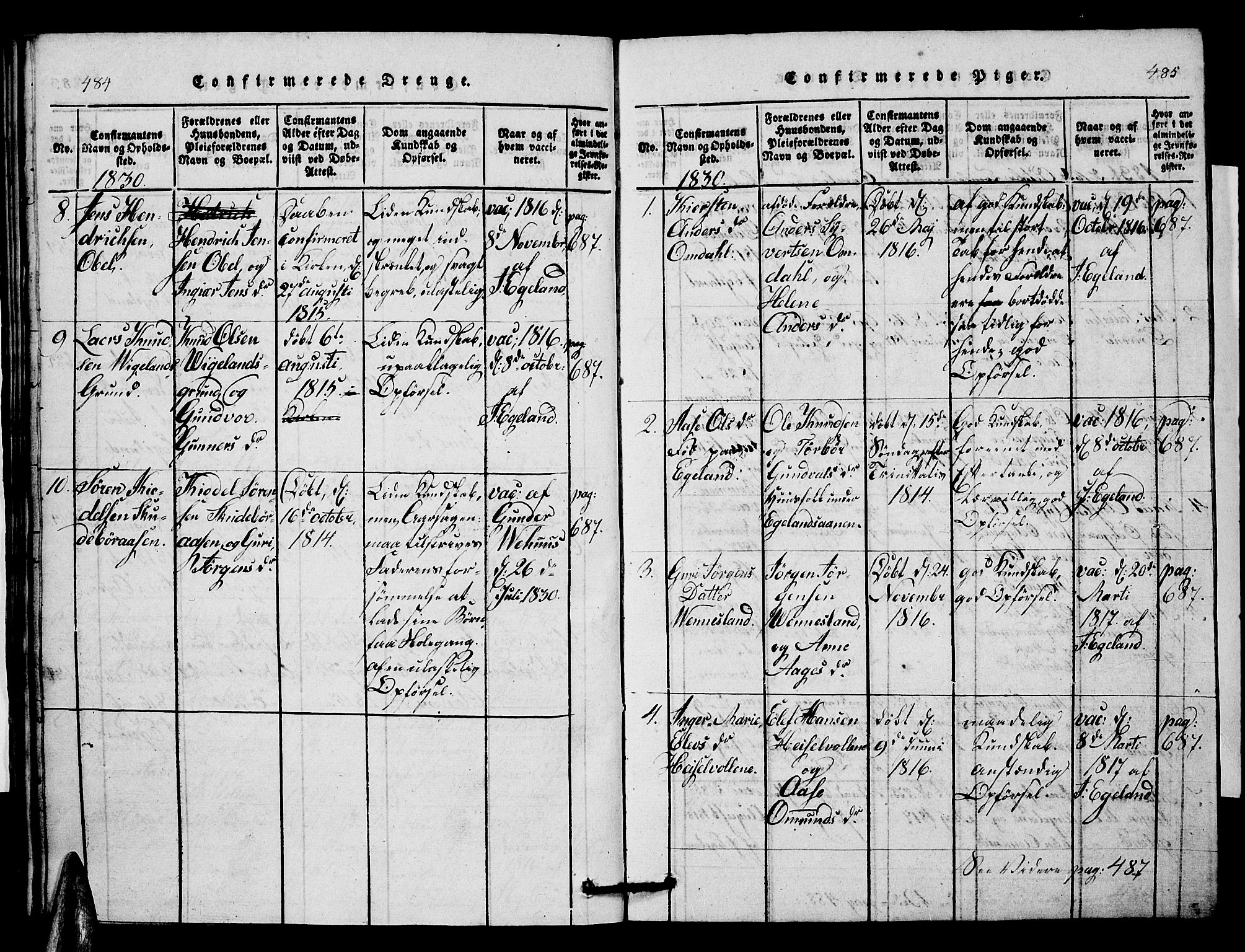 Vennesla sokneprestkontor, AV/SAK-1111-0045/Fb/Fbb/L0001: Parish register (copy) no. B 1, 1820-1834, p. 484-485