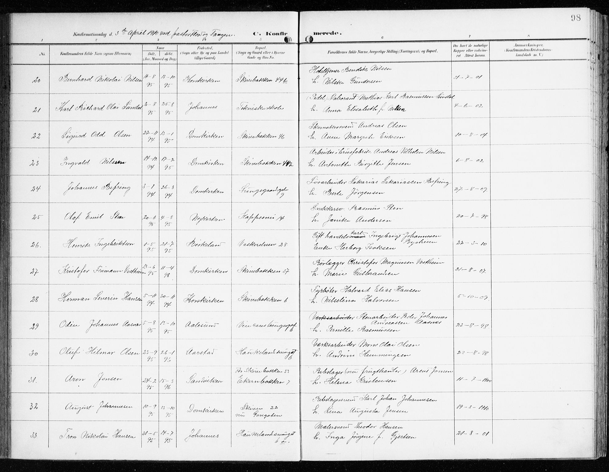 Domkirken sokneprestembete, AV/SAB-A-74801/H/Haa/L0031: Parish register (official) no. C 6, 1898-1915, p. 98