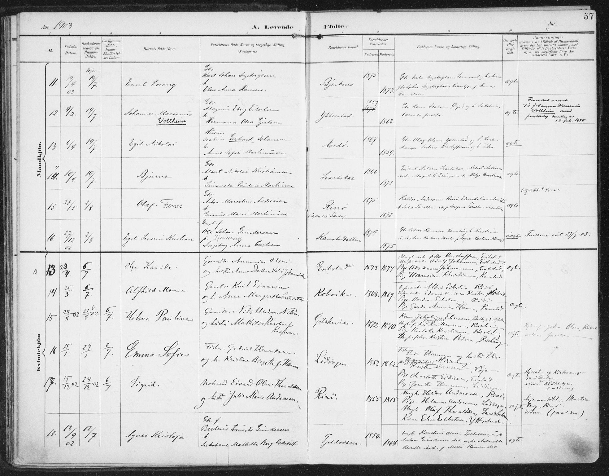 Ministerialprotokoller, klokkerbøker og fødselsregistre - Nordland, AV/SAT-A-1459/872/L1036: Parish register (official) no. 872A11, 1897-1913, p. 57