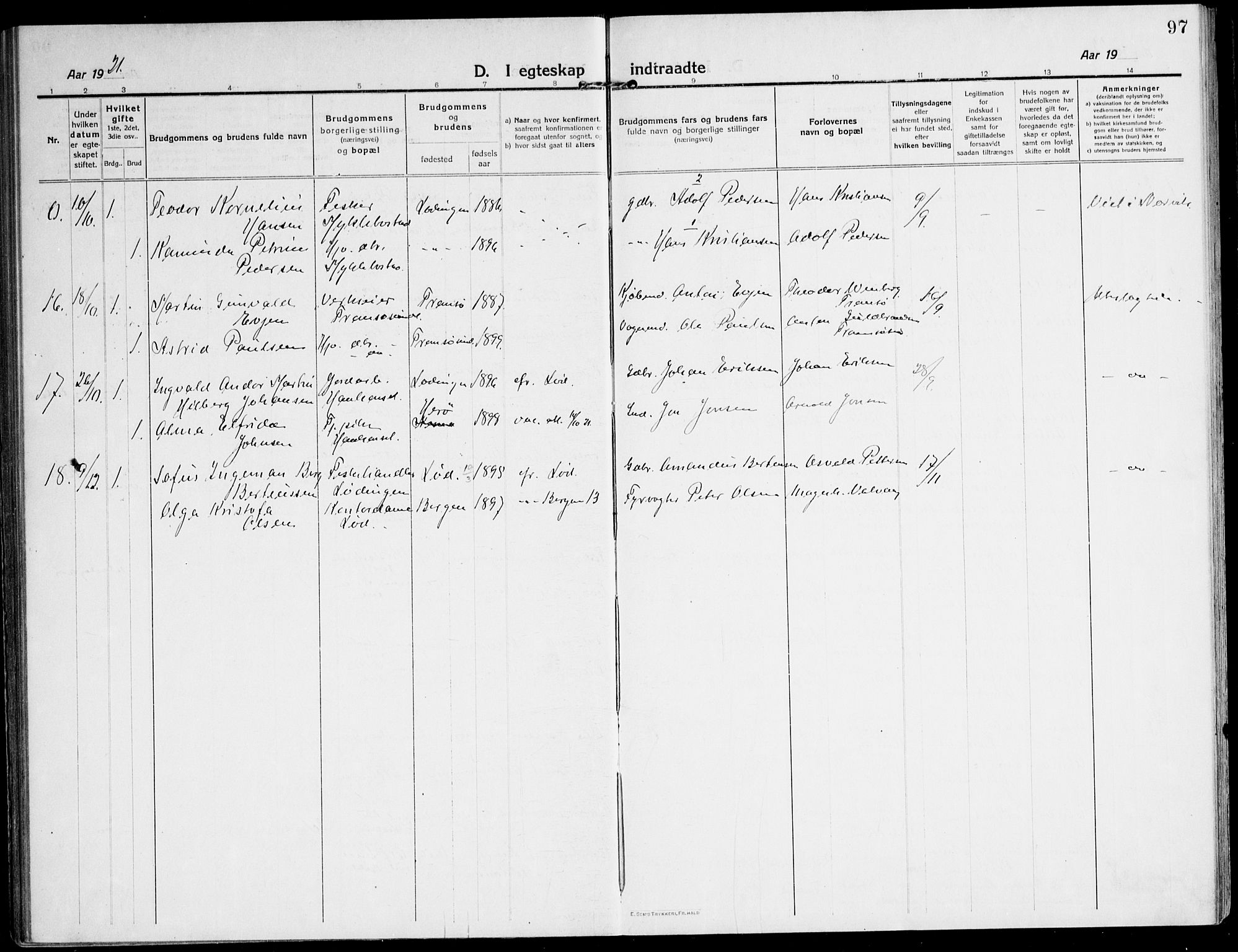 Ministerialprotokoller, klokkerbøker og fødselsregistre - Nordland, AV/SAT-A-1459/872/L1037: Parish register (official) no. 872A12, 1914-1925, p. 97