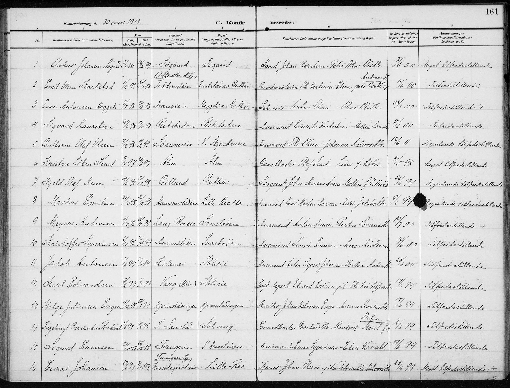 Stange prestekontor, SAH/PREST-002/K/L0024: Parish register (official) no. 24, 1906-1922, p. 161