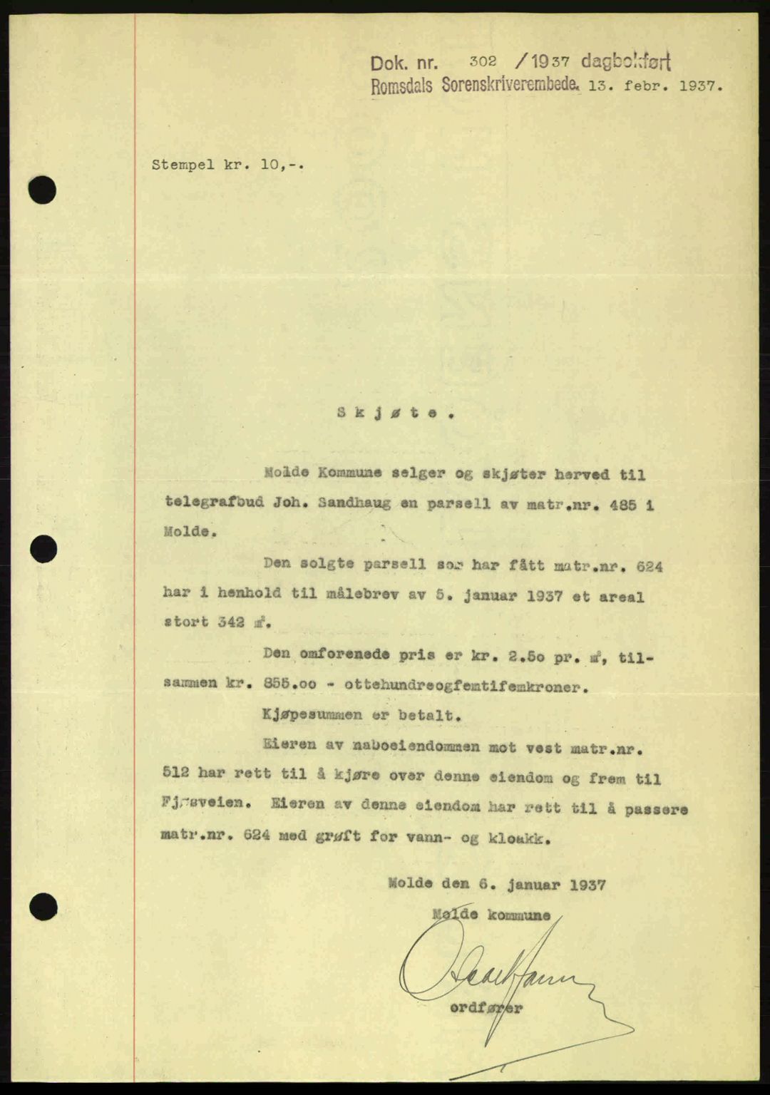 Romsdal sorenskriveri, SAT/A-4149/1/2/2C: Mortgage book no. A2, 1936-1937, Diary no: : 302/1937