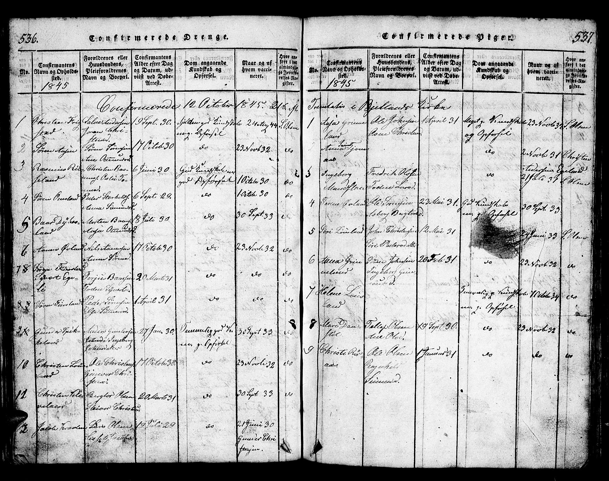 Bjelland sokneprestkontor, AV/SAK-1111-0005/F/Fb/Fbb/L0003: Parish register (copy) no. B 3, 1816-1868, p. 536-537