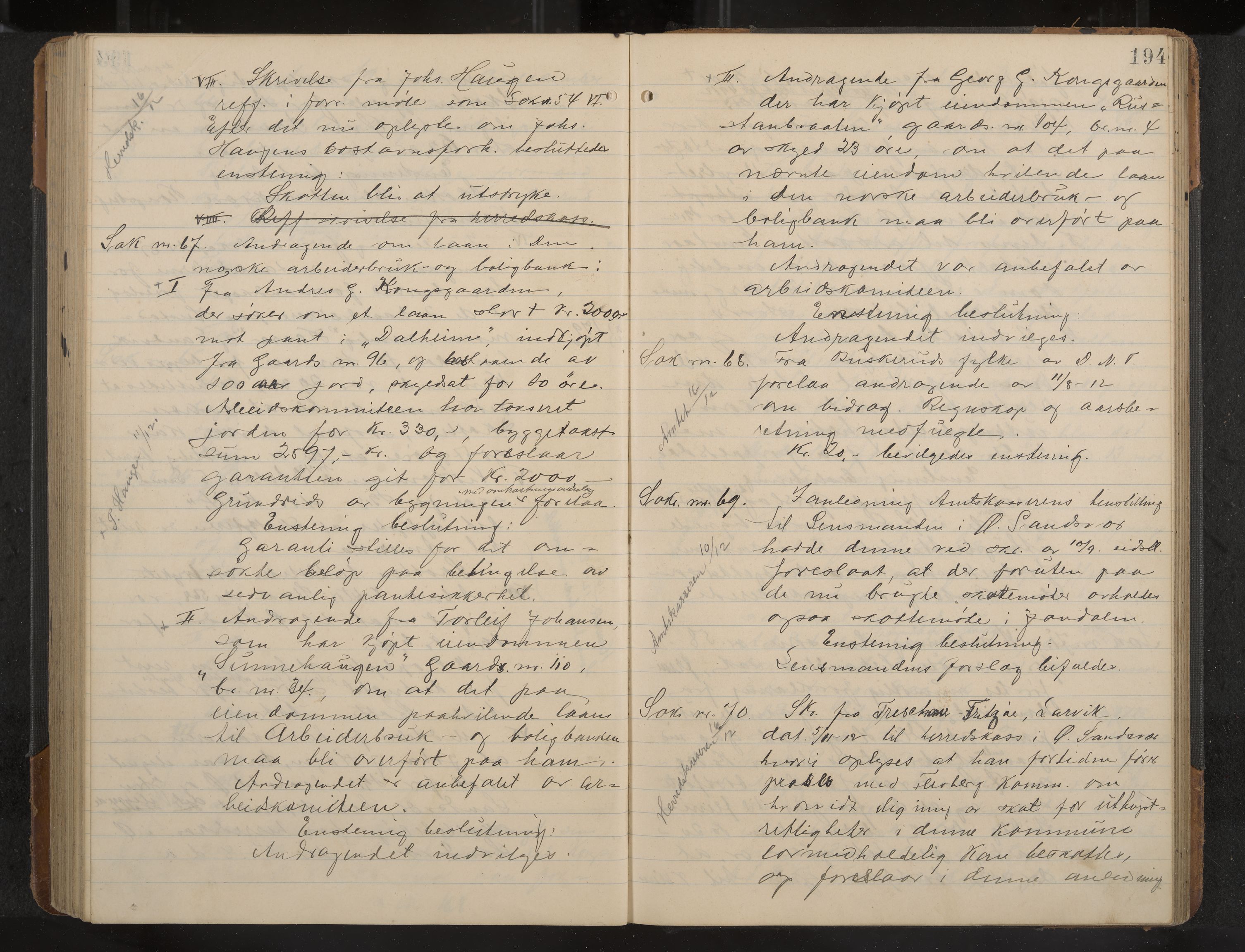 Øvre Sandsvær formannskap og sentraladministrasjon, IKAK/0630021/A/L0001: Møtebok med register, 1908-1913, p. 194