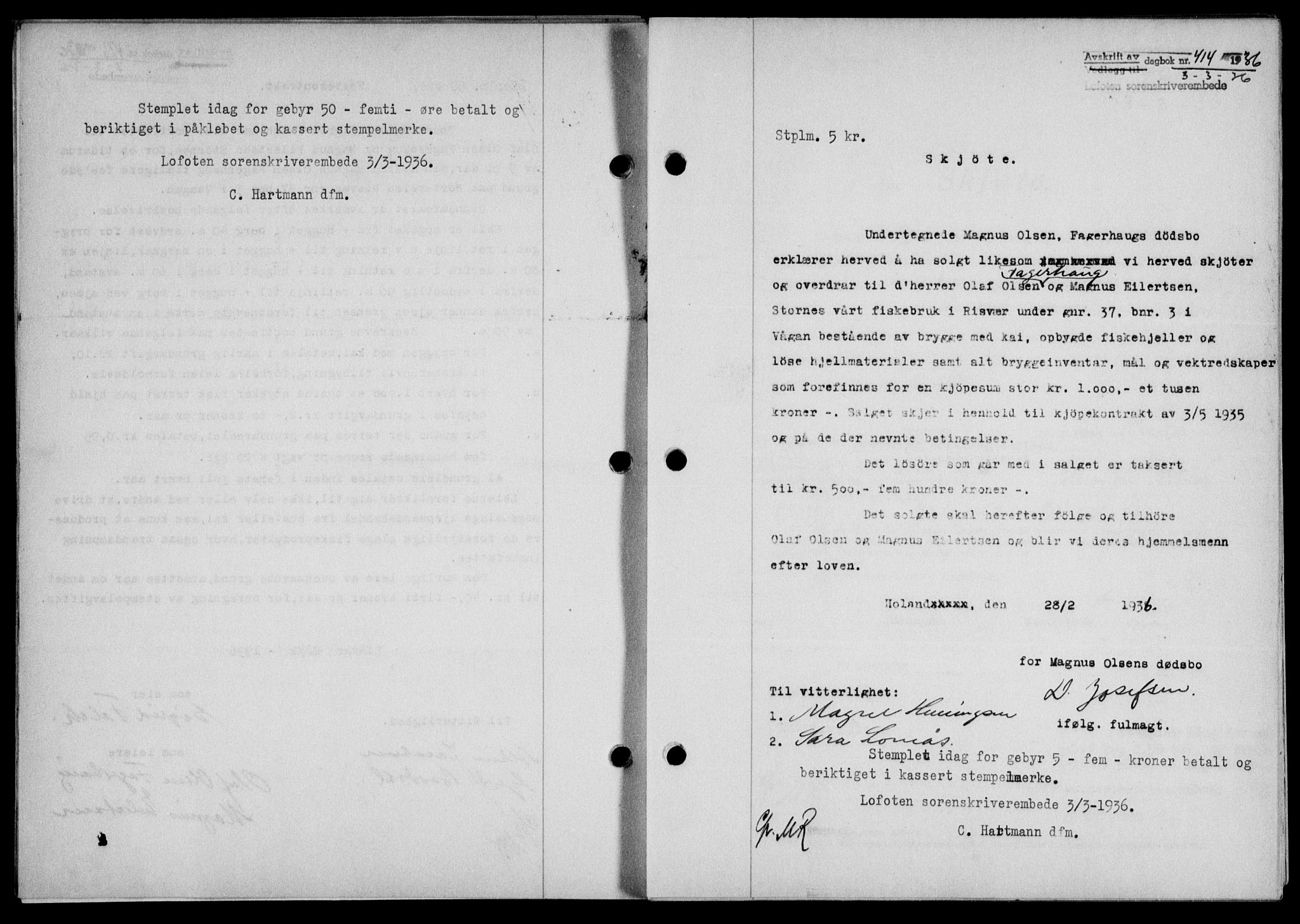 Lofoten sorenskriveri, SAT/A-0017/1/2/2C/L0033b: Mortgage book no. 33b, 1936-1936, Diary no: : 414/1936