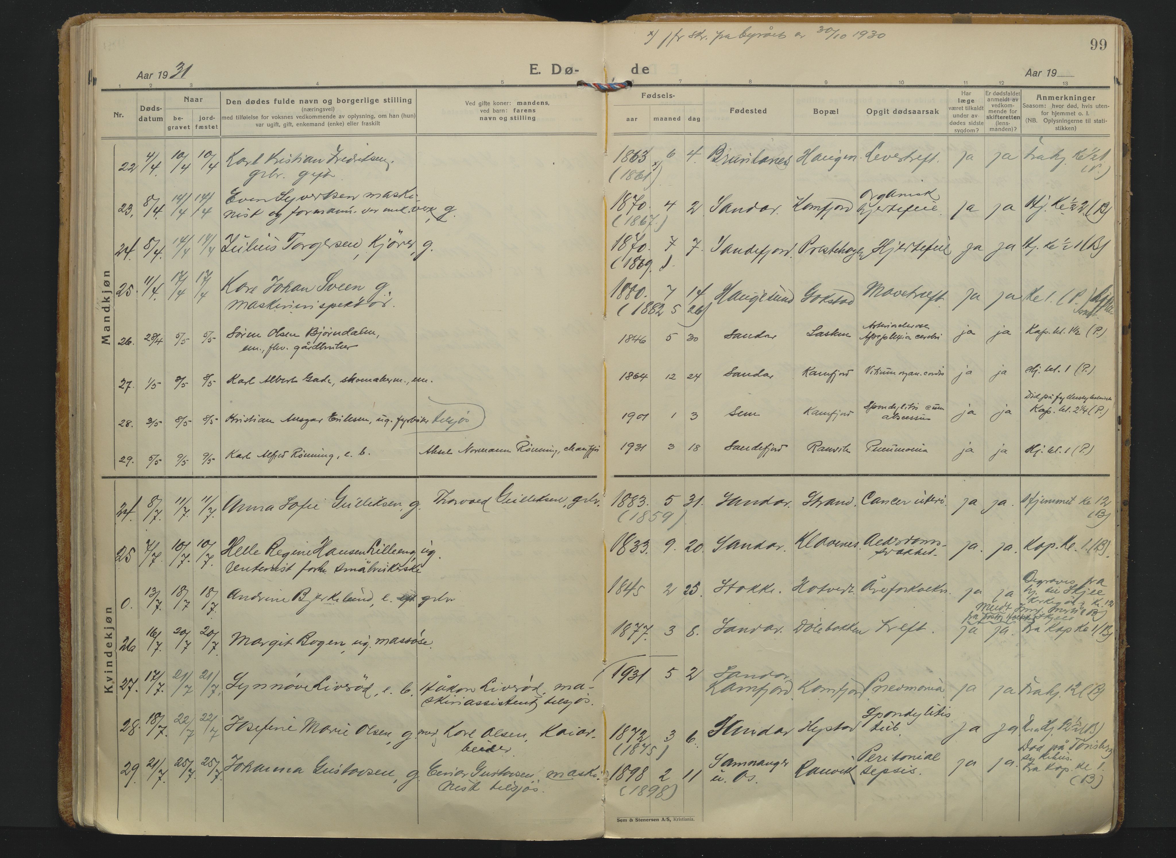 Sandar kirkebøker, AV/SAKO-A-243/F/Fa/L0023: Parish register (official) no. 23, 1924-1932, p. 99