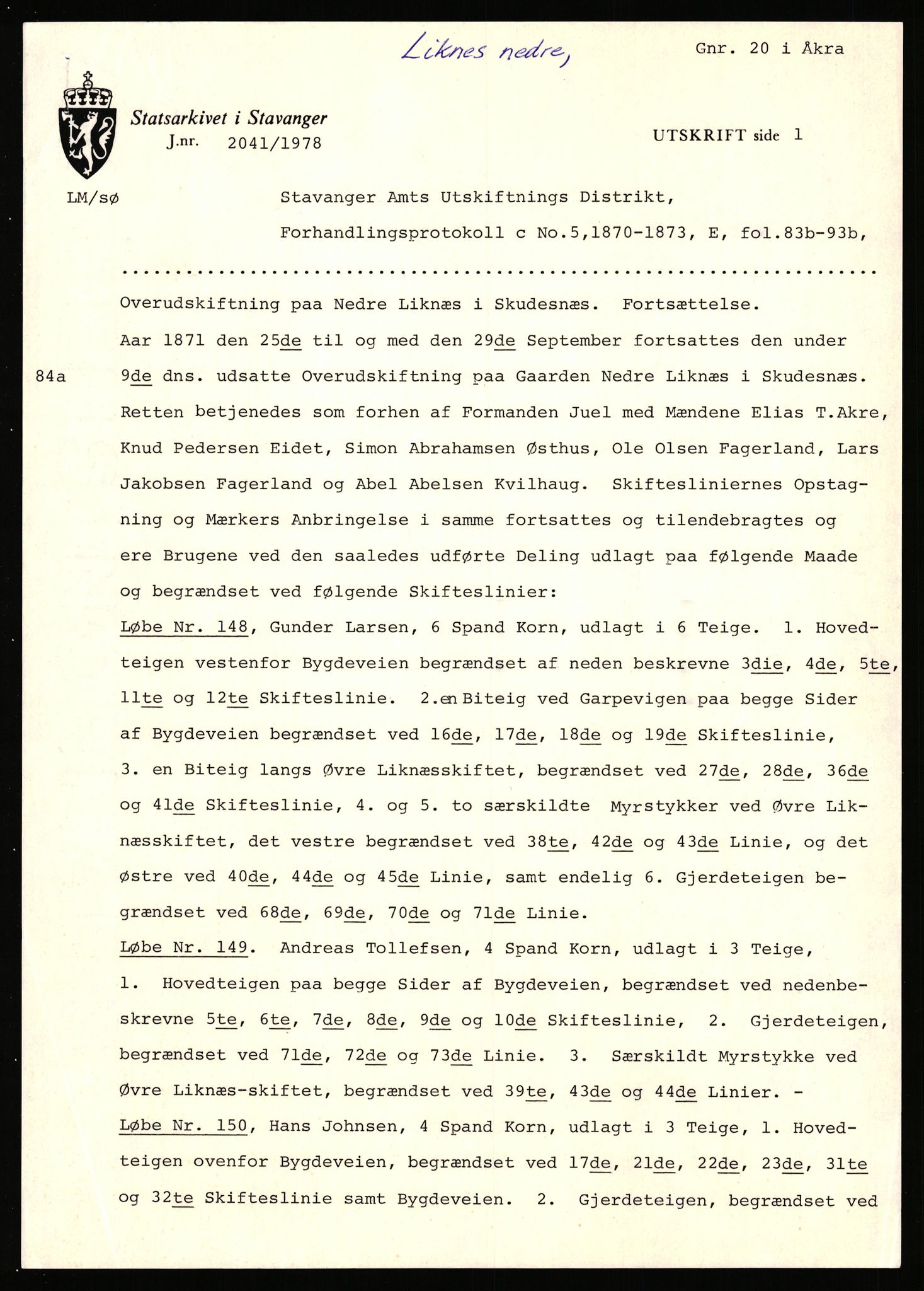 Statsarkivet i Stavanger, AV/SAST-A-101971/03/Y/Yj/L0053: Avskrifter sortert etter gårdsnavn: Leigvam - Liland, 1750-1930, p. 495