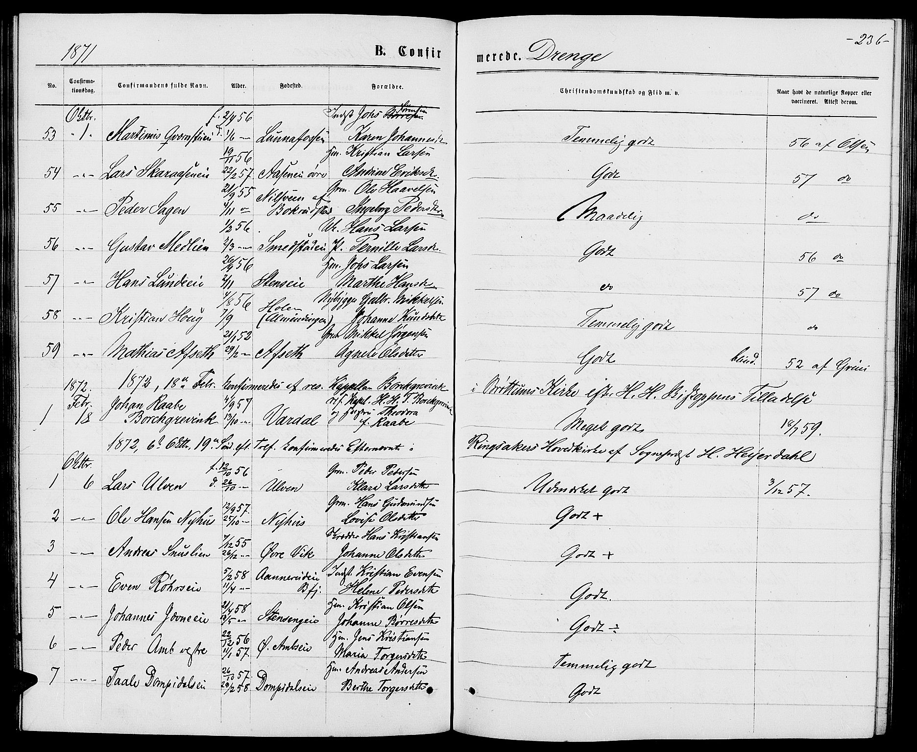 Ringsaker prestekontor, AV/SAH-PREST-014/L/La/L0008: Parish register (copy) no. 8, 1870-1878, p. 236