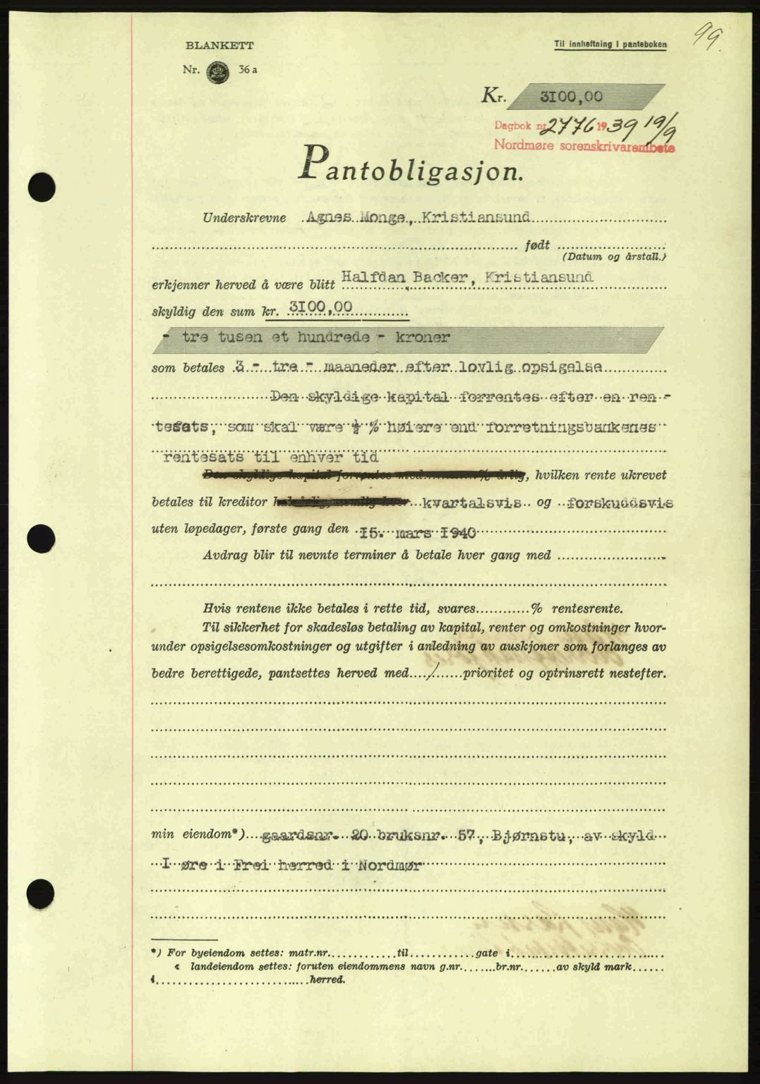 Nordmøre sorenskriveri, AV/SAT-A-4132/1/2/2Ca: Mortgage book no. B86, 1939-1940, Diary no: : 2776/1939