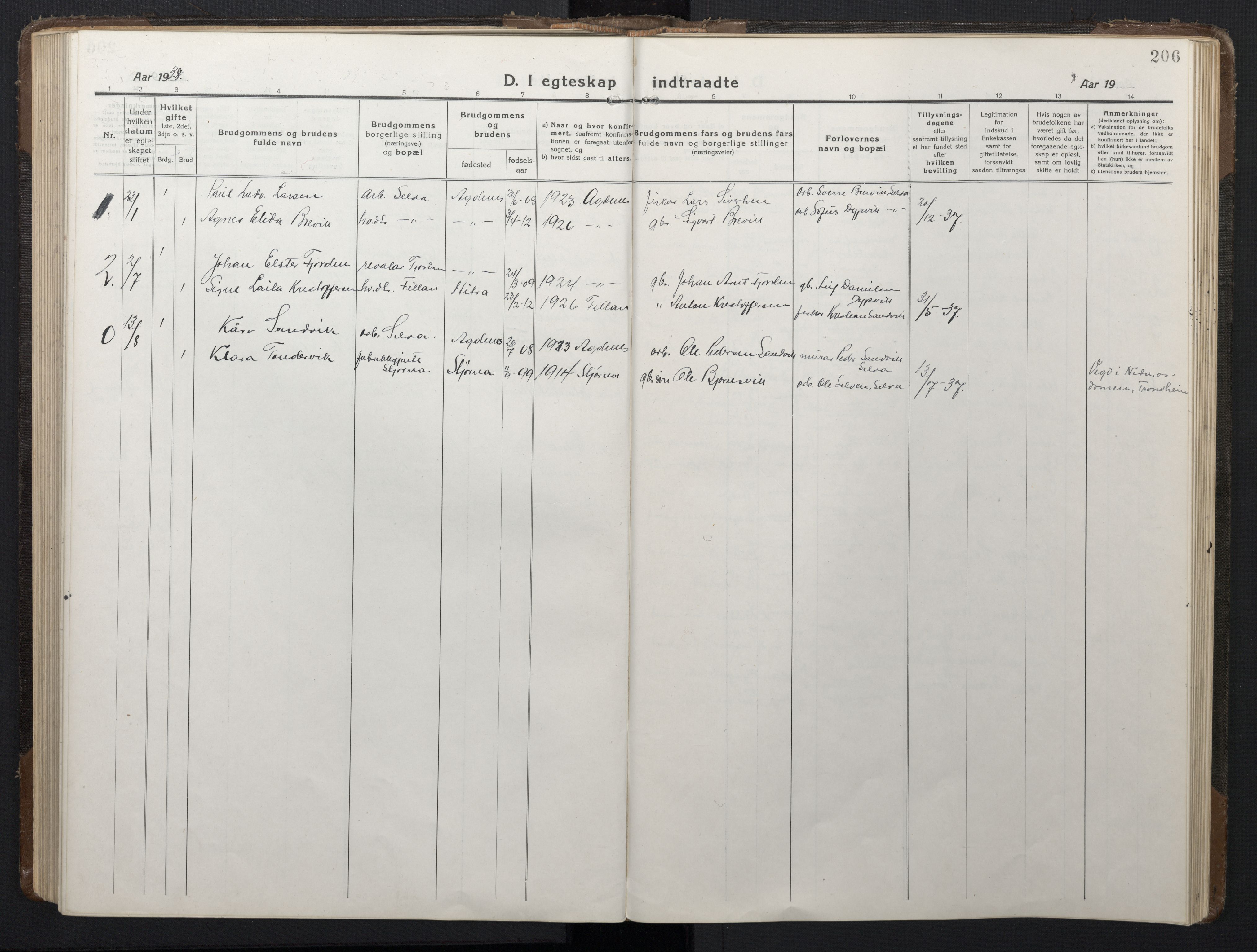 Ministerialprotokoller, klokkerbøker og fødselsregistre - Sør-Trøndelag, SAT/A-1456/662/L0758: Parish register (copy) no. 662C03, 1918-1948, p. 206