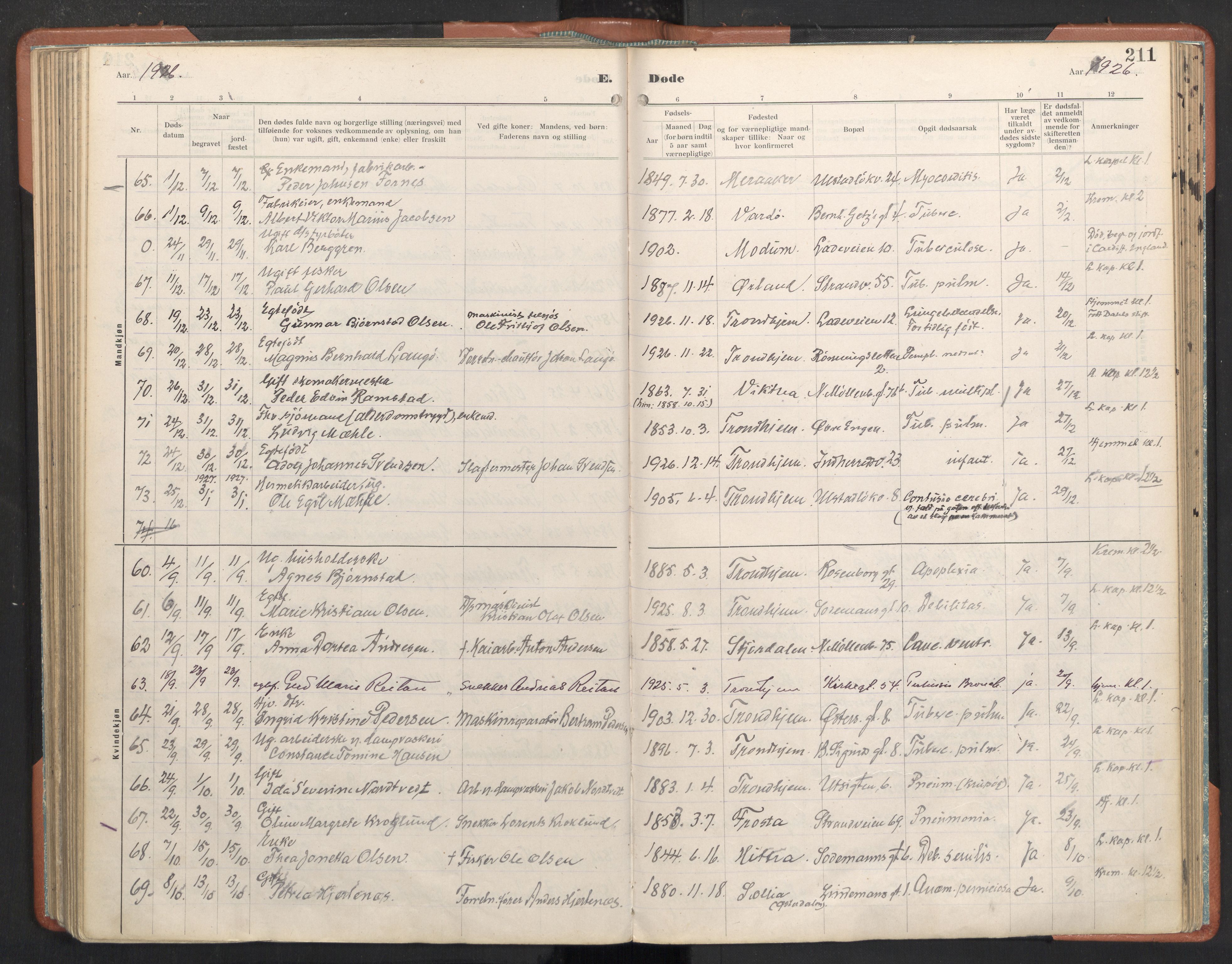 Ministerialprotokoller, klokkerbøker og fødselsregistre - Sør-Trøndelag, AV/SAT-A-1456/605/L0245: Parish register (official) no. 605A07, 1916-1938, p. 211