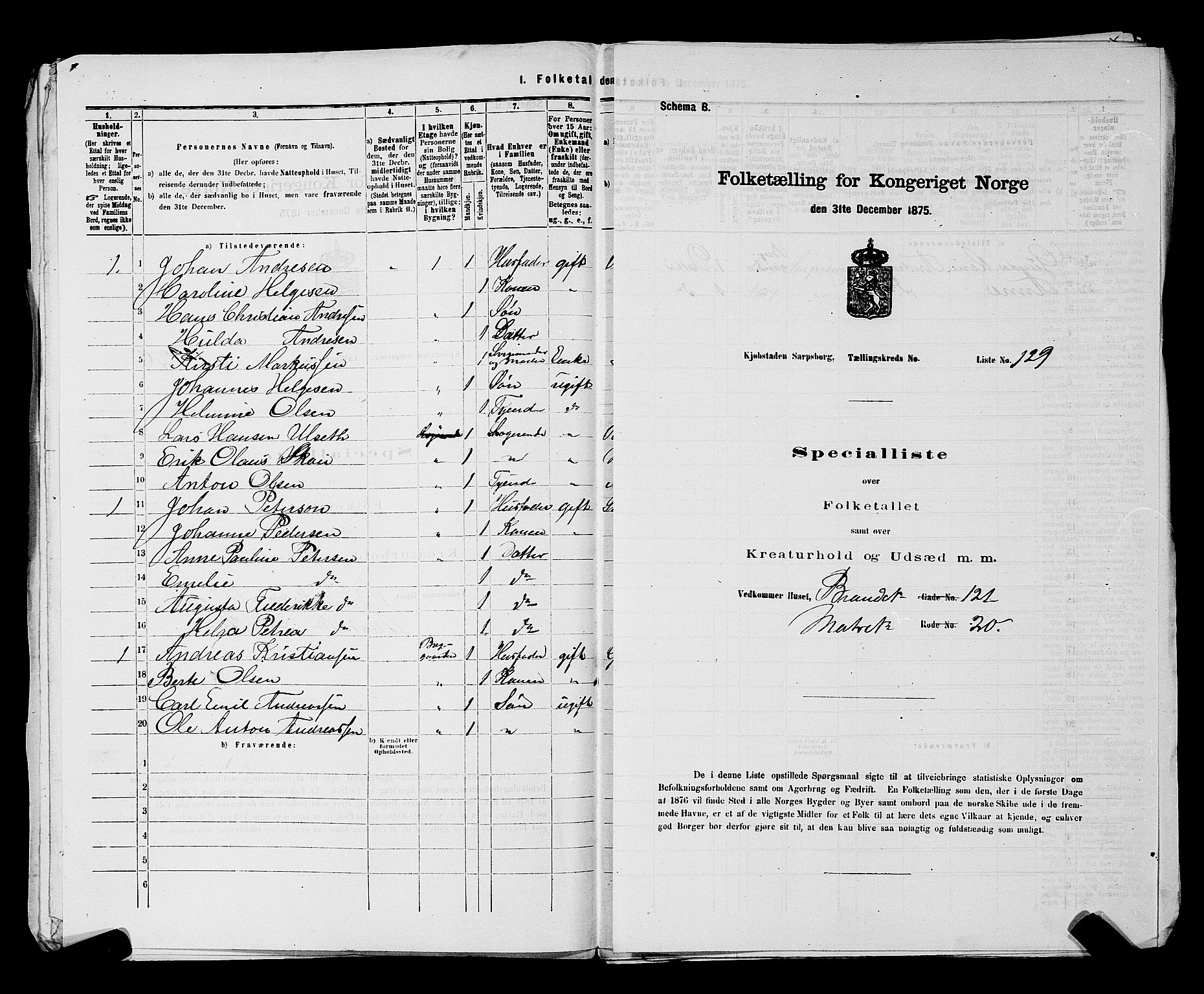 RA, 1875 census for 0102P Sarpsborg, 1875, p. 301