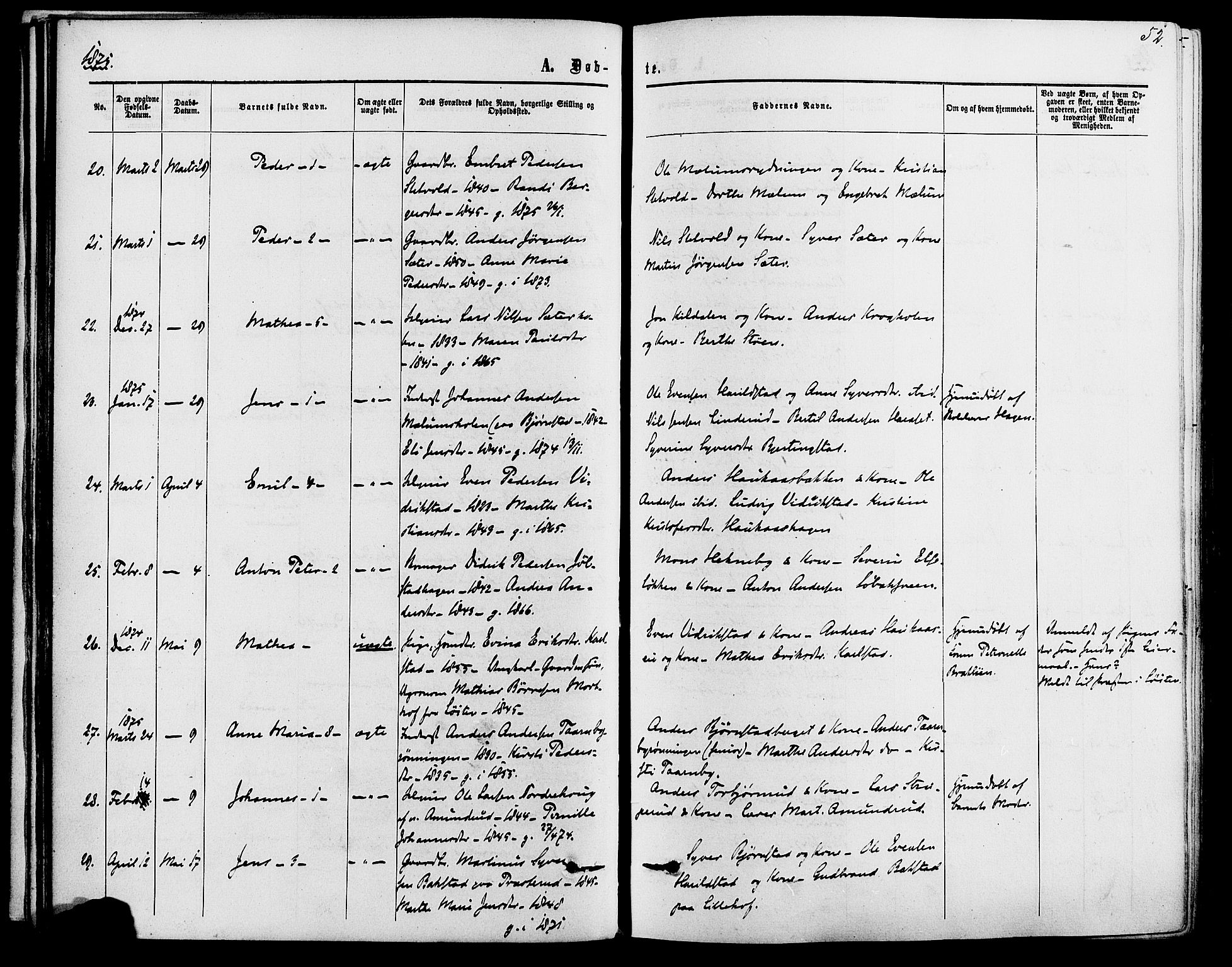 Romedal prestekontor, SAH/PREST-004/K/L0006: Parish register (official) no. 6, 1866-1886, p. 52