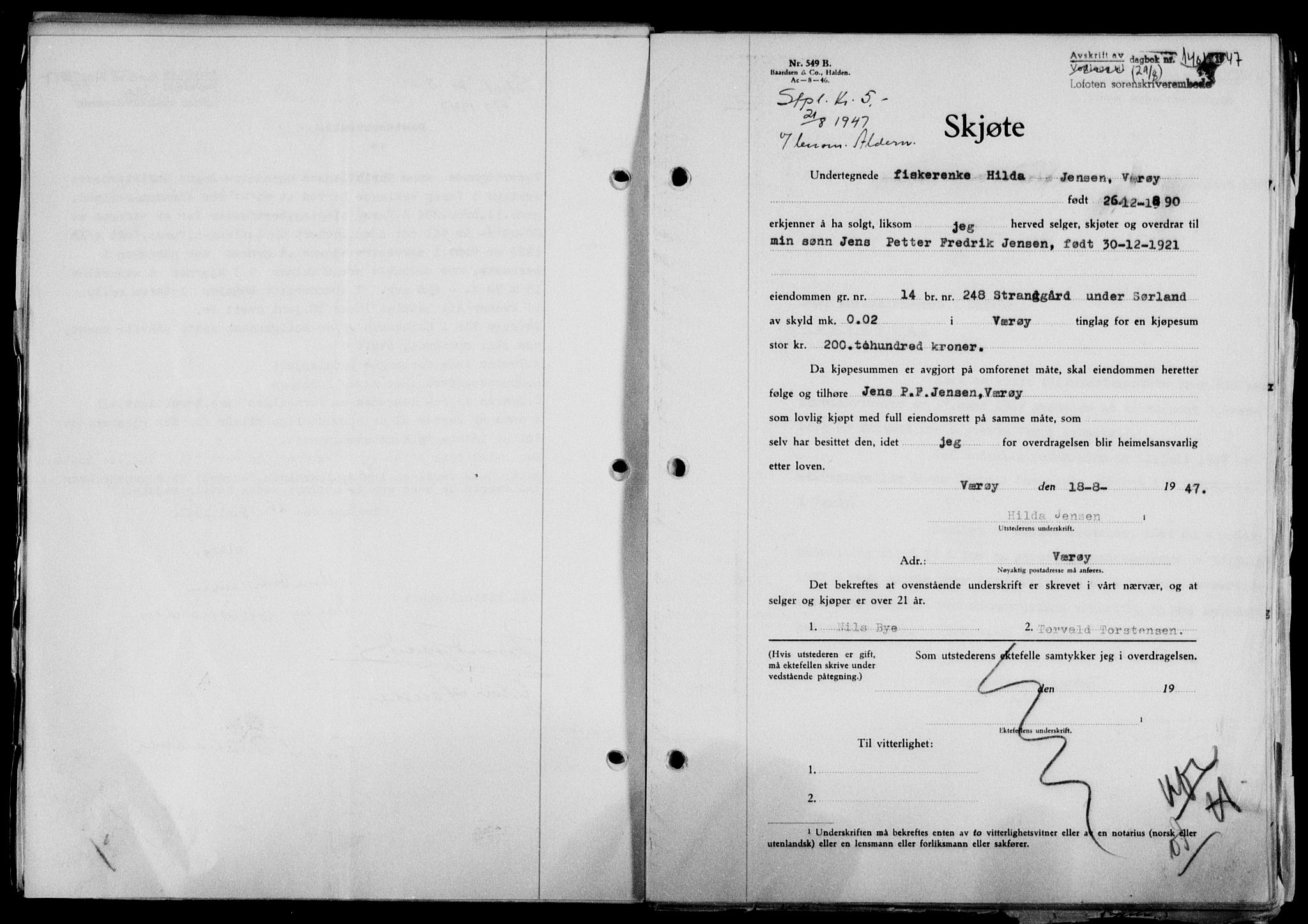 Lofoten sorenskriveri, SAT/A-0017/1/2/2C/L0016a: Mortgage book no. 16a, 1947-1947, Diary no: : 1401/1947
