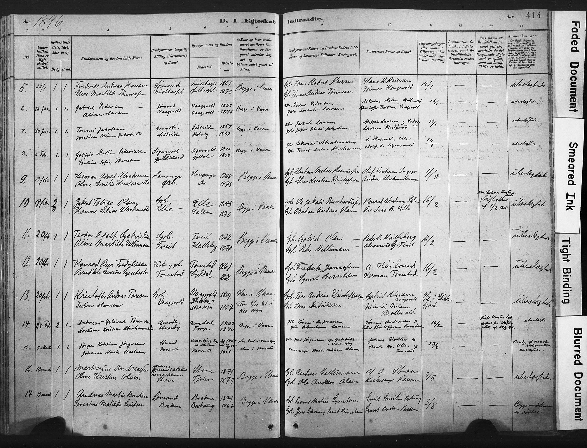 Lista sokneprestkontor, AV/SAK-1111-0027/F/Fa/L0012: Parish register (official) no. A 12, 1879-1903, p. 414