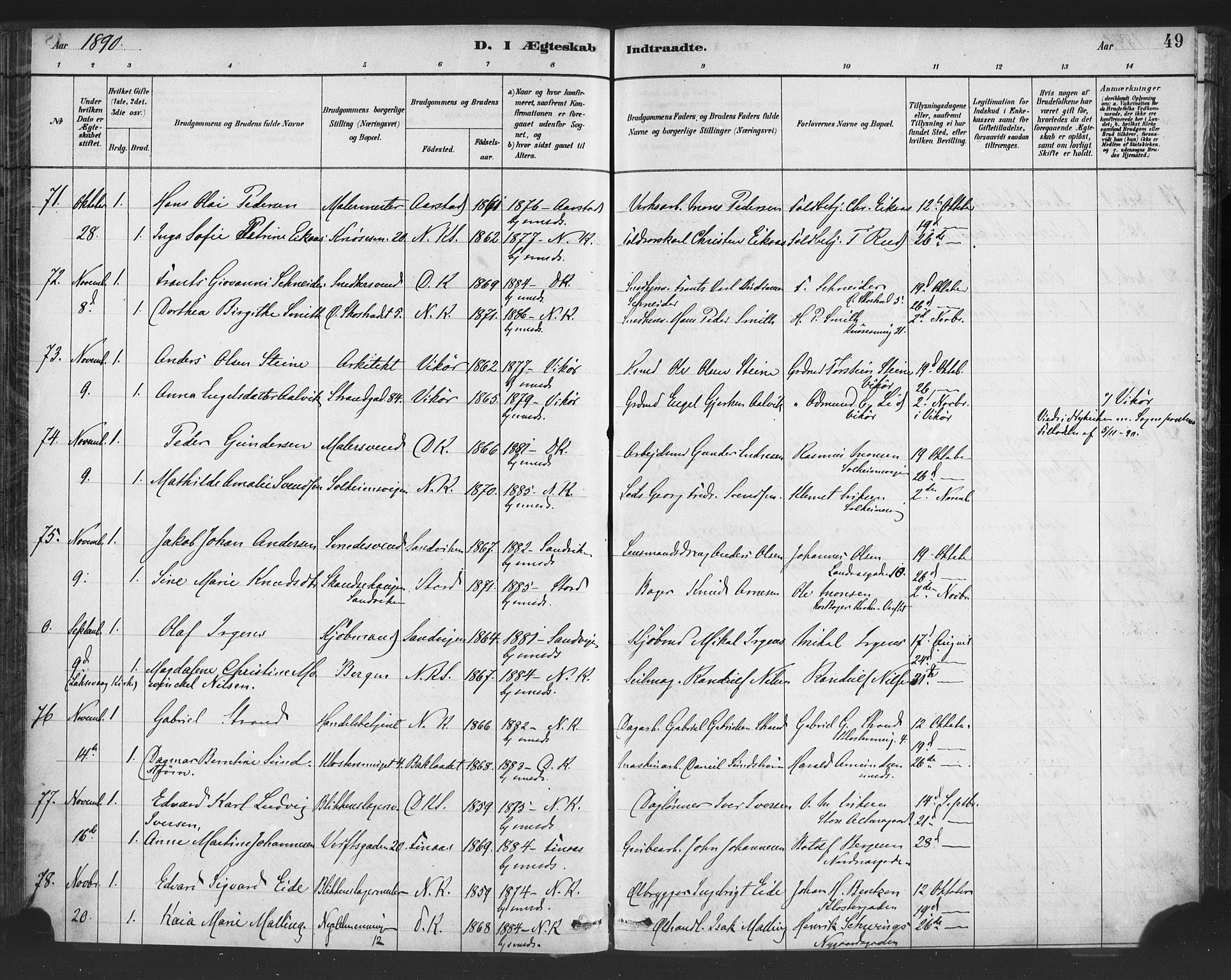 Nykirken Sokneprestembete, AV/SAB-A-77101/H/Haa/L0033: Parish register (official) no. D 3, 1884-1895, p. 49