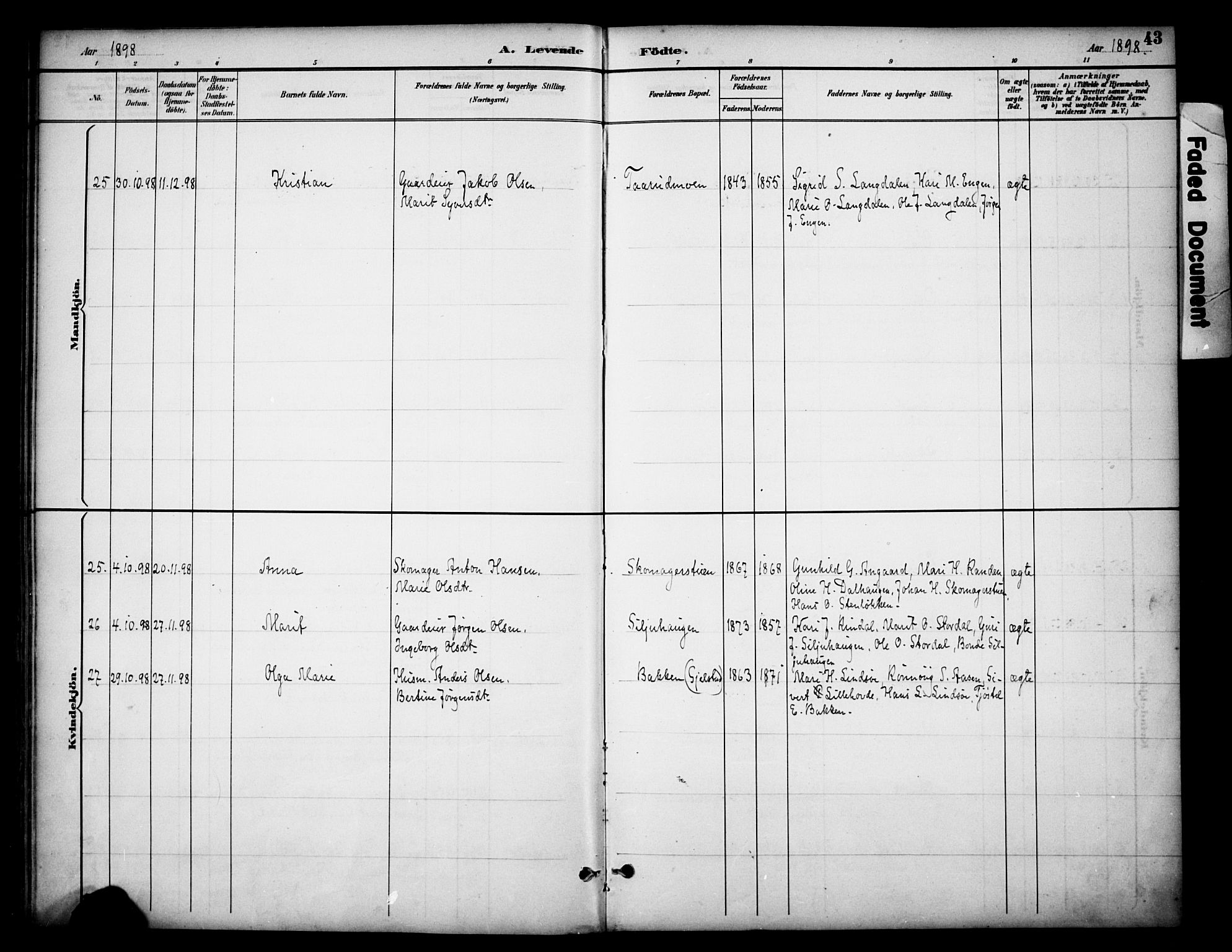 Dovre prestekontor, AV/SAH-PREST-066/H/Ha/Haa/L0003: Parish register (official) no. 3, 1891-1901, p. 43