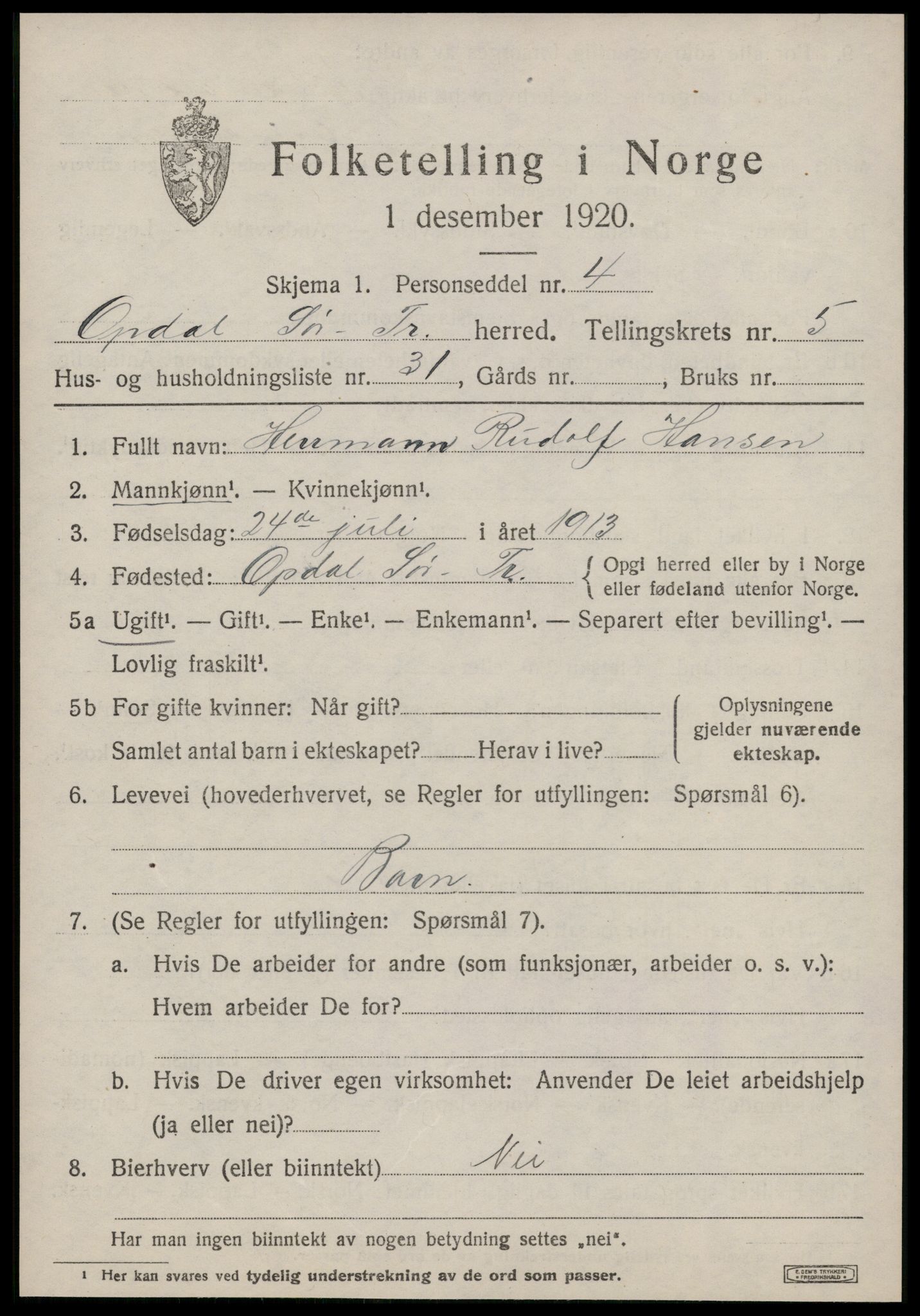 SAT, 1920 census for Oppdal, 1920, p. 5313