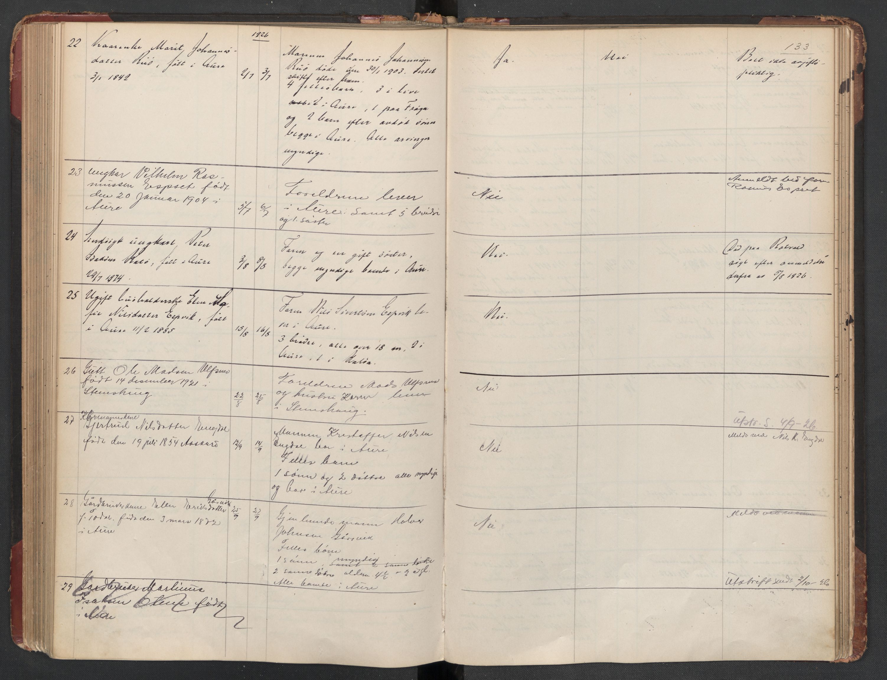 Aure lensmannskontor, AV/SAT-A-1088/1/02/L0003: 2.01.03 Dødsfallsprotokoll, 1906-1926, p. 133