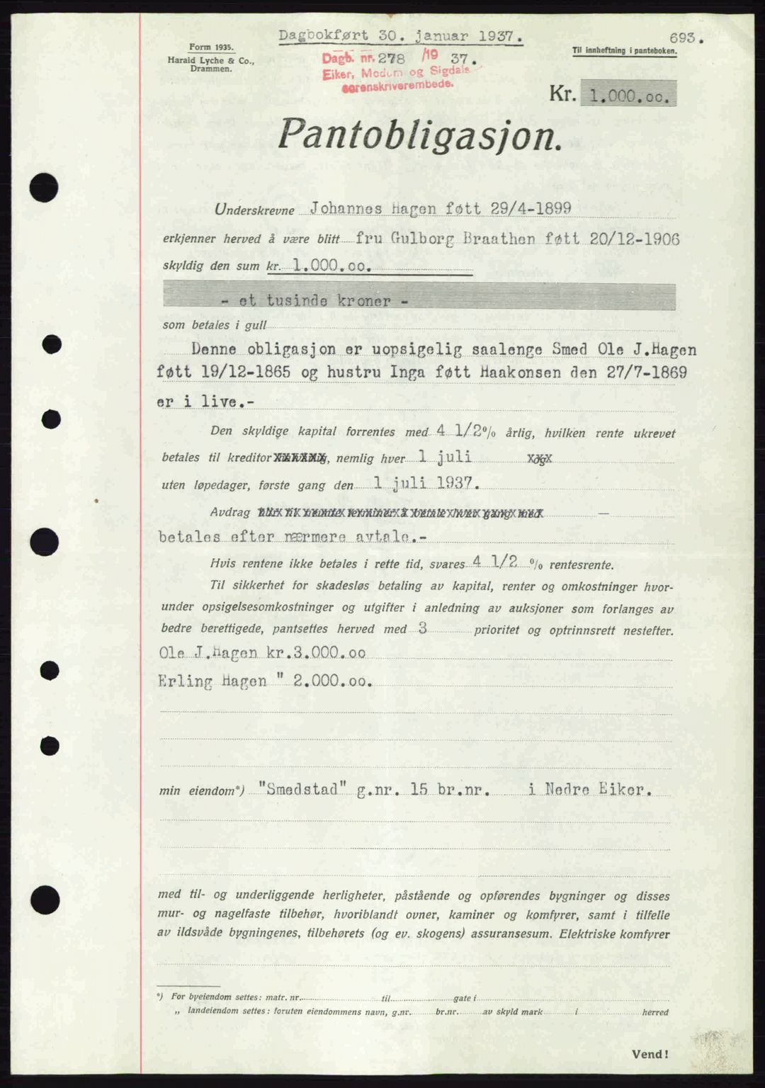 Eiker, Modum og Sigdal sorenskriveri, SAKO/A-123/G/Ga/Gab/L0034: Mortgage book no. A4, 1936-1937, Diary no: : 278/1937
