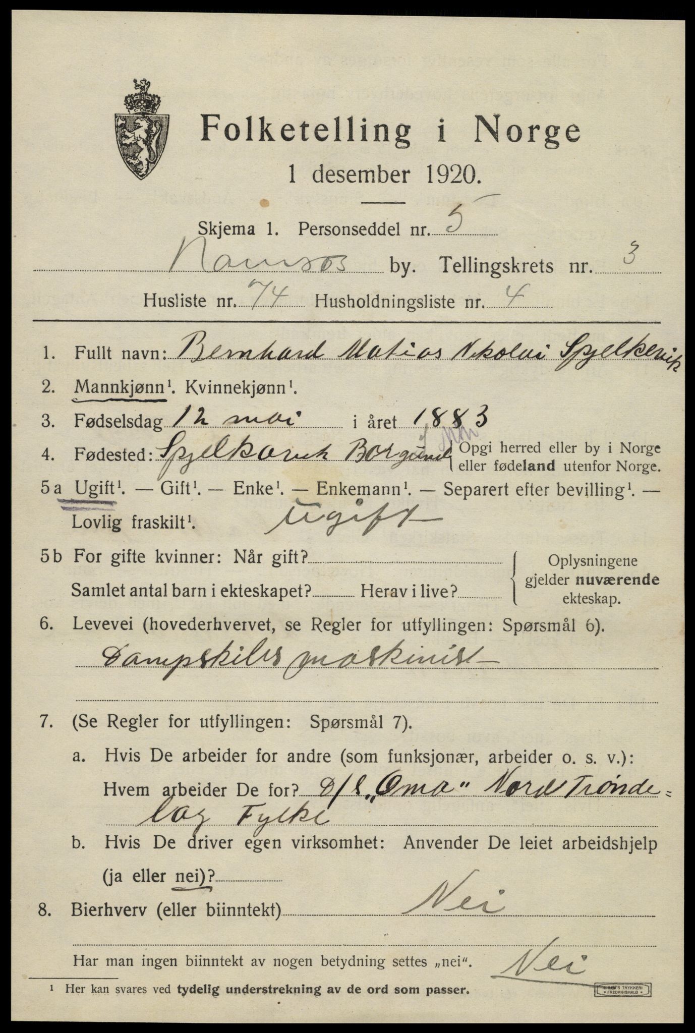 SAT, 1920 census for Namsos, 1920, p. 4829