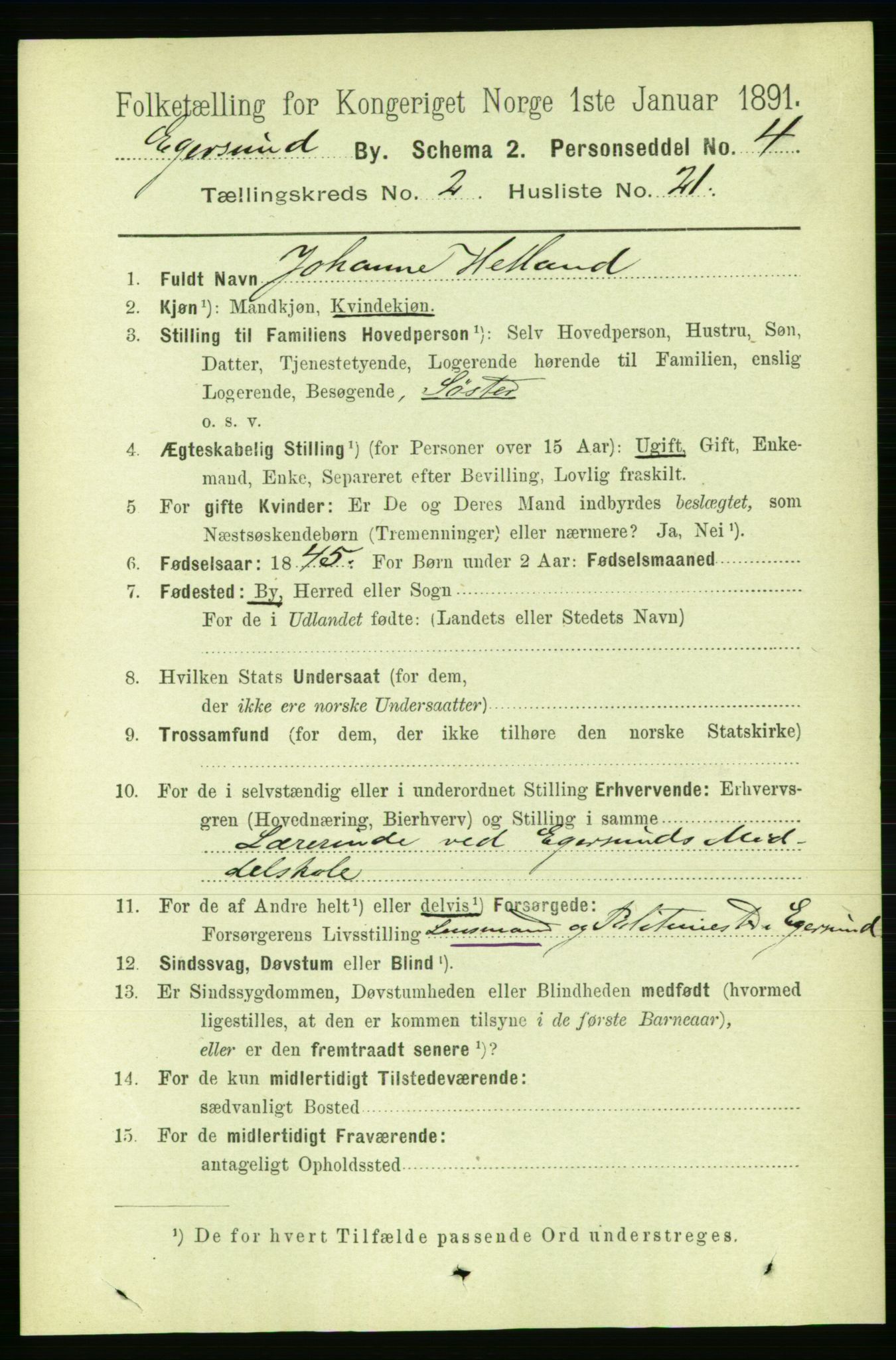 RA, 1891 census for 1101 Egersund, 1891, p. 394