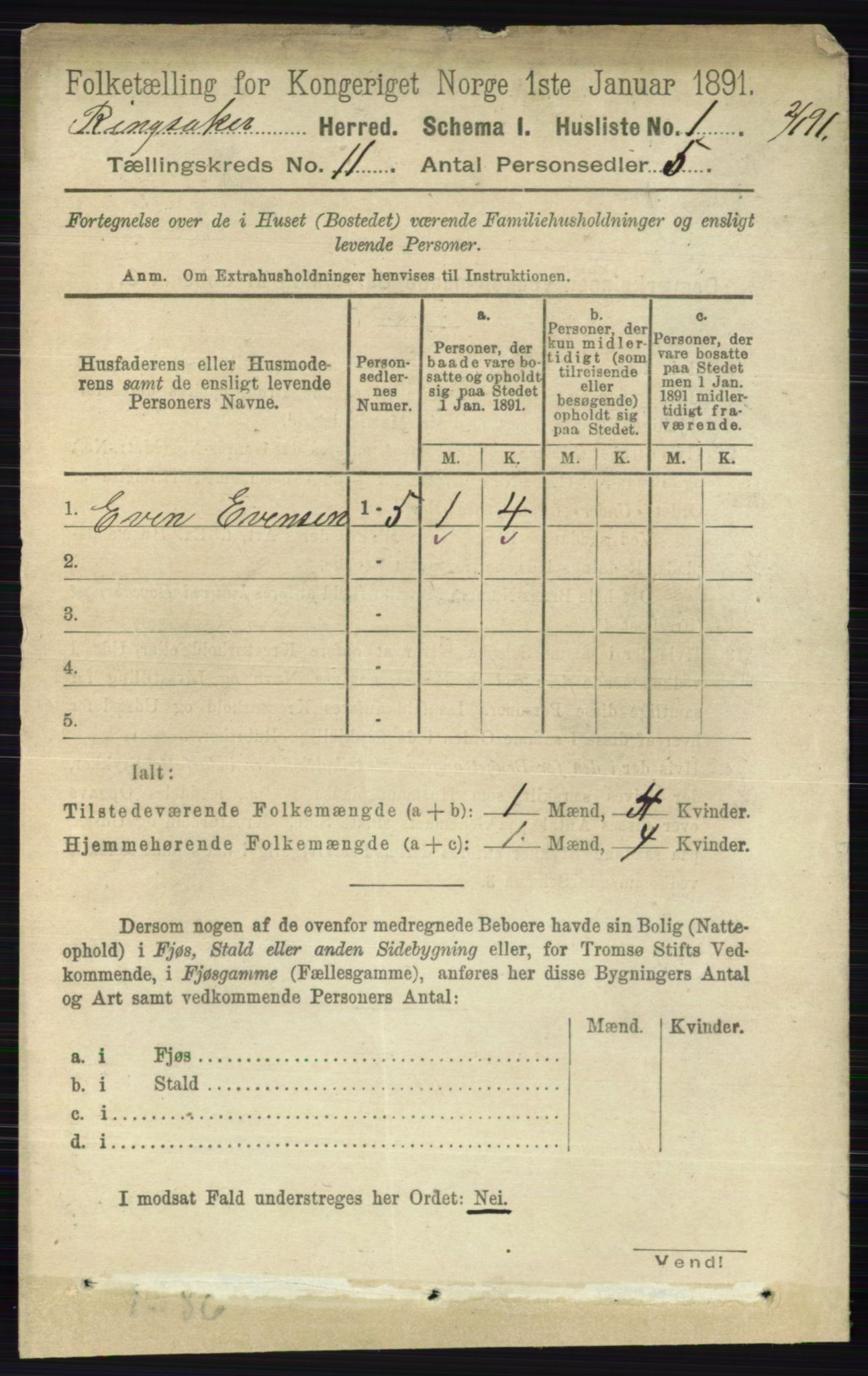 RA, 1891 census for 0412 Ringsaker, 1891, p. 6168