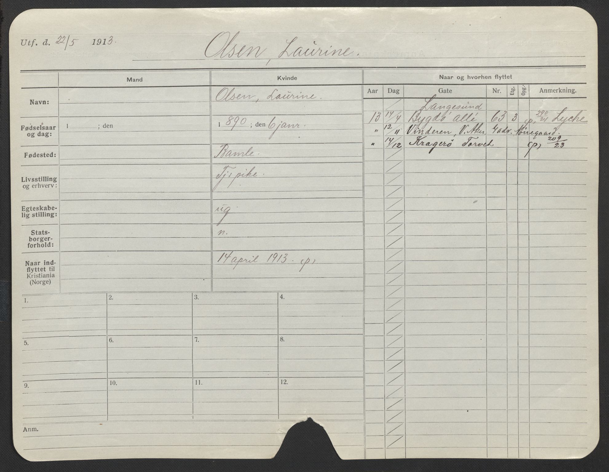 Oslo folkeregister, Registerkort, SAO/A-11715/F/Fa/Fac/L0022: Kvinner, 1906-1914, p. 76a