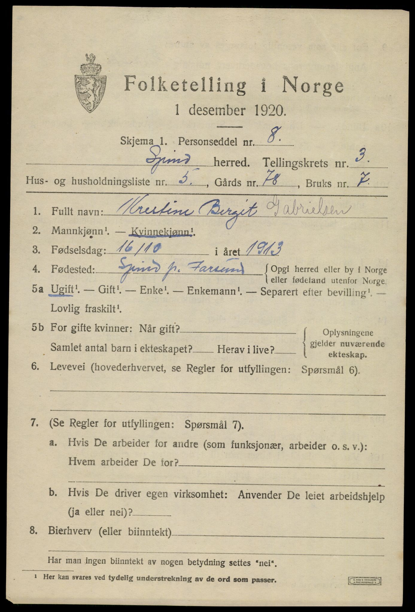 SAK, 1920 census for Spind, 1920, p. 1675