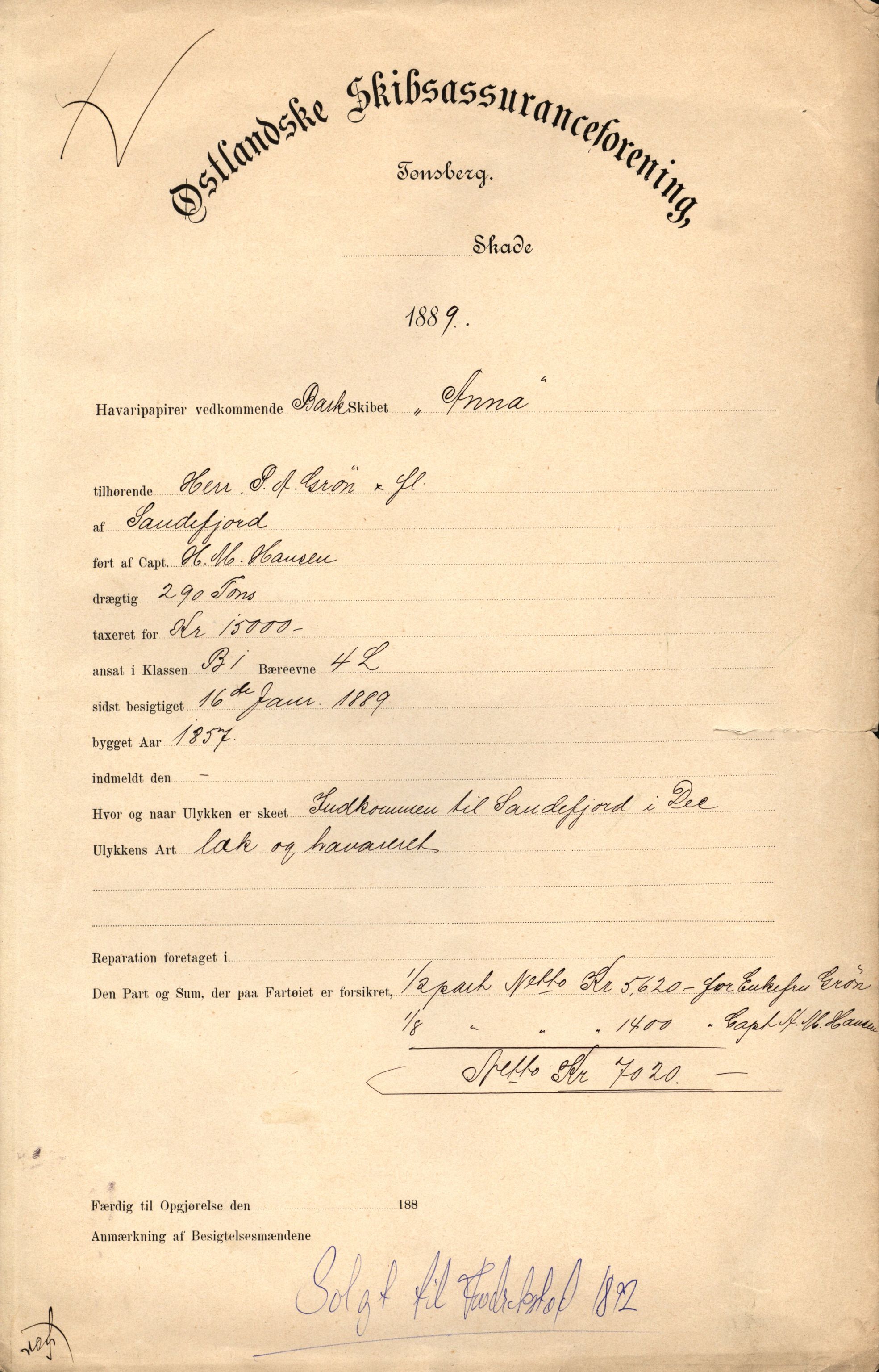 Pa 63 - Østlandske skibsassuranceforening, VEMU/A-1079/G/Ga/L0024/0003: Havaridokumenter / Marrycat, Oscar, Marie, Hurtig, Svalen, Anna, 1889, p. 30