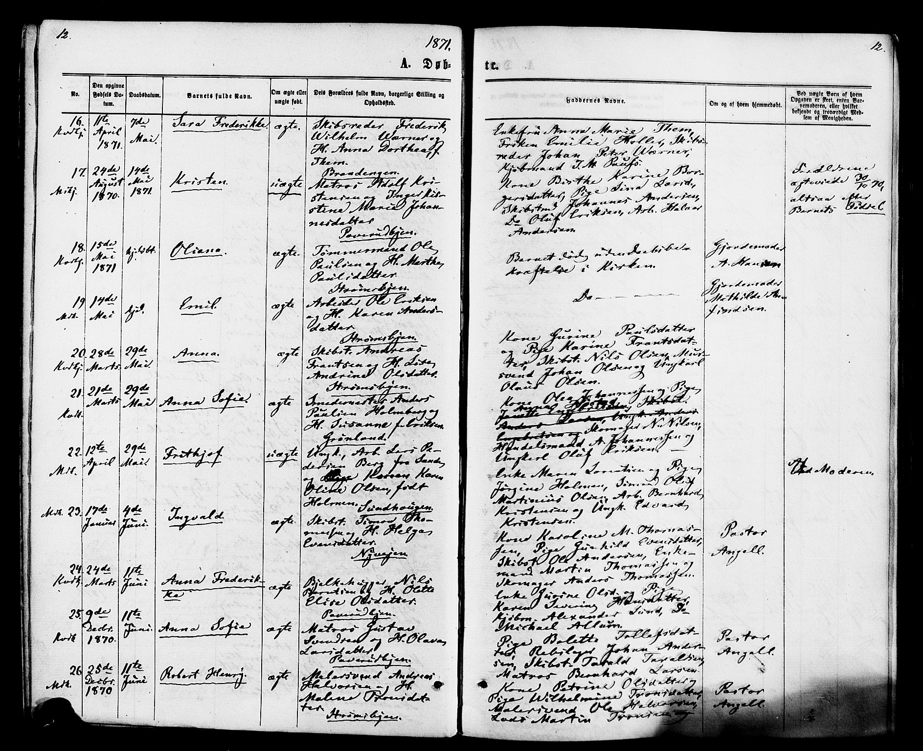 Strømsø kirkebøker, AV/SAKO-A-246/F/Fa/L0020: Parish register (official) no. I 20, 1870-1878, p. 12