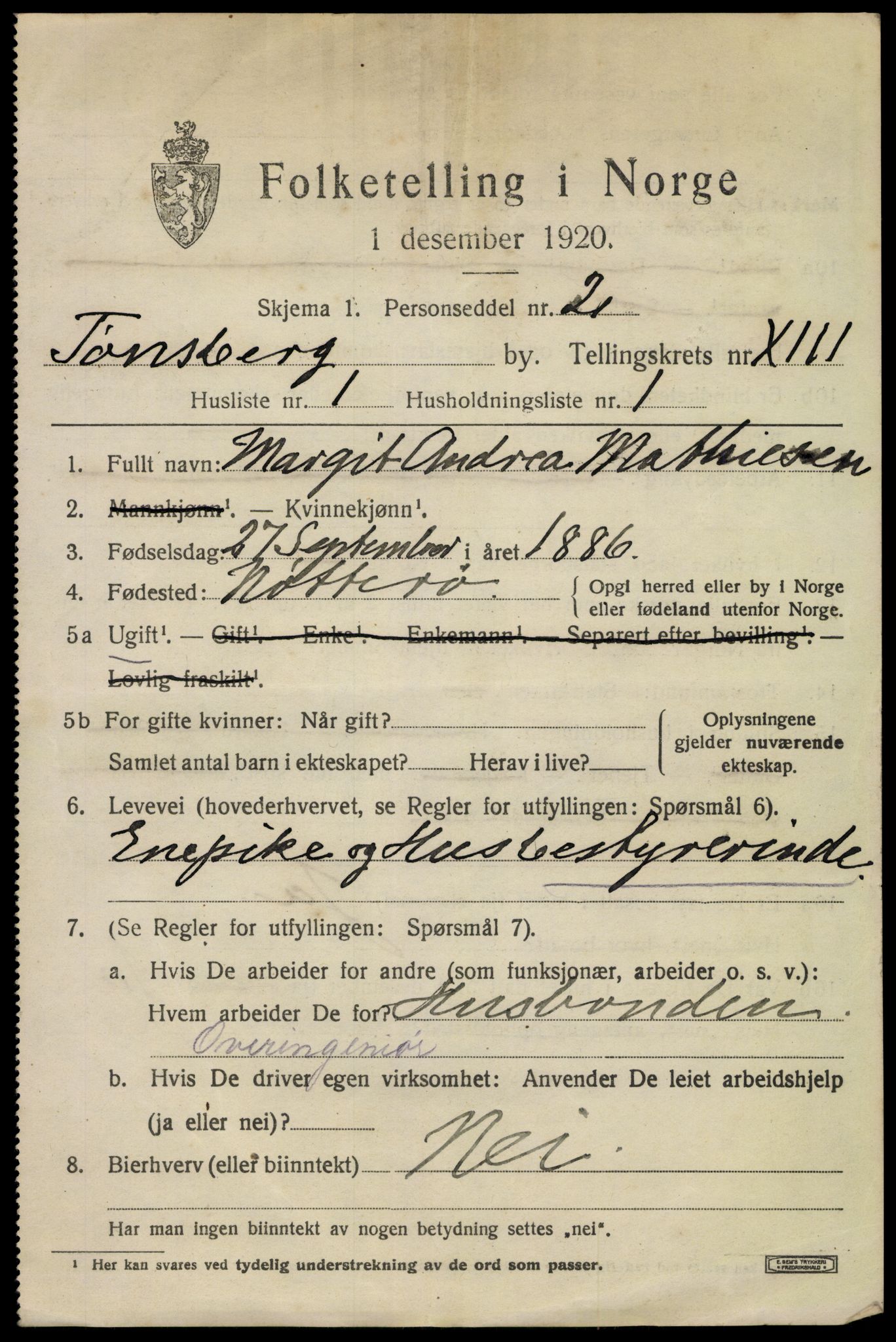 SAKO, 1920 census for Tønsberg, 1920, p. 21251